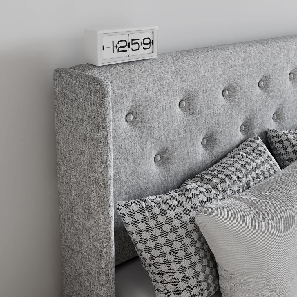 Sha Cerlin King Size Lift Up Storage Bed/Button Tufted Wingback Headboard/Hydraulic Storage/Upholstered Platform Bed Frame/No Box Spring Needed/Wood Slats Support/Light Grey