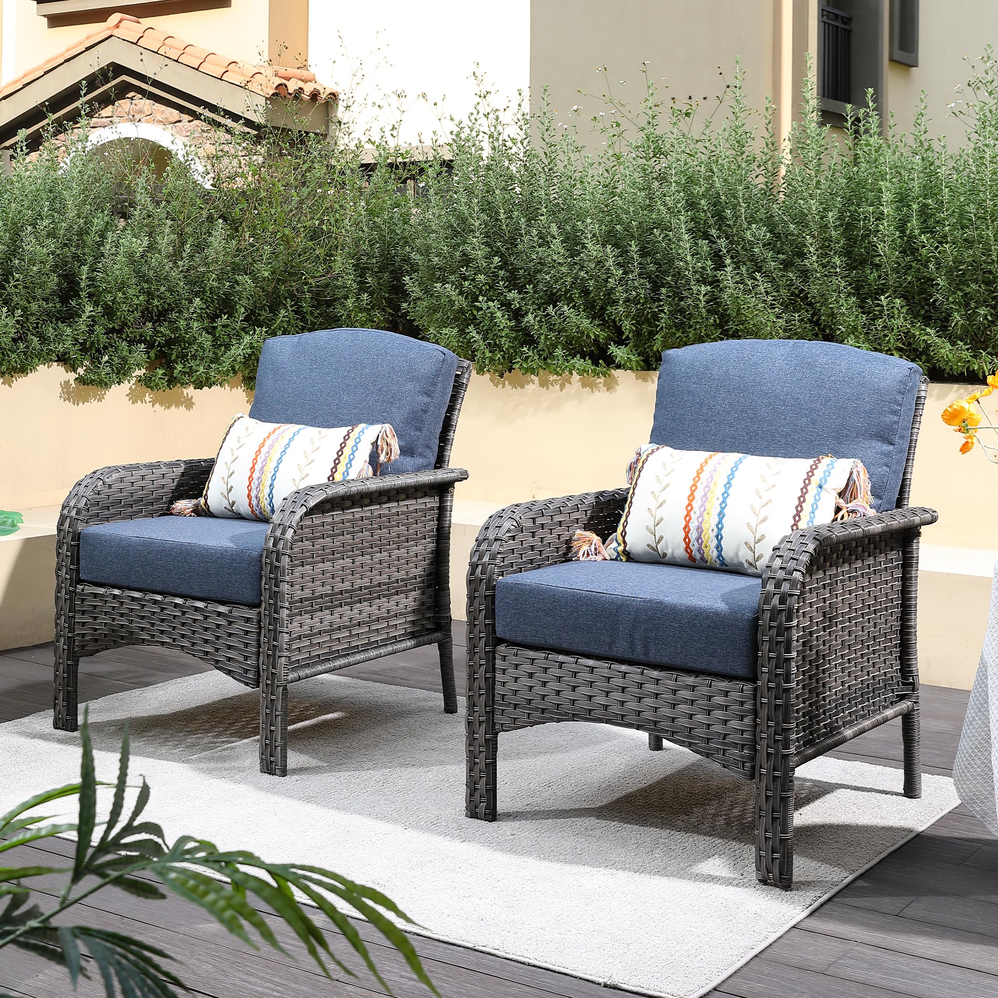 Caodoc 2 Pack Wicker Patio Furniture Chairs,Outdoor Rattan Chairs With Armrest Support 250 Lb,Blue