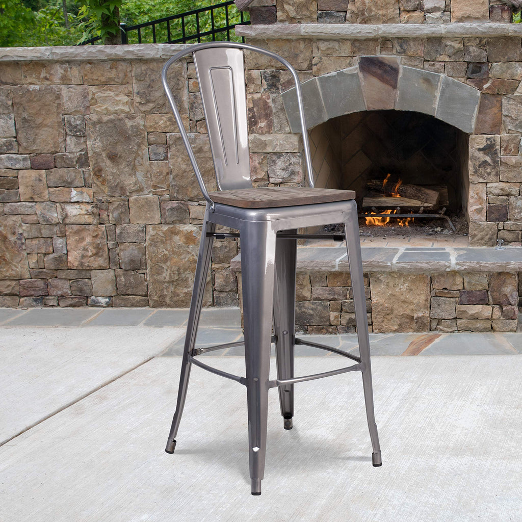 Flash Furniture Lincoln 30" High Clear Coated Barstool With Back And Wood Seat
