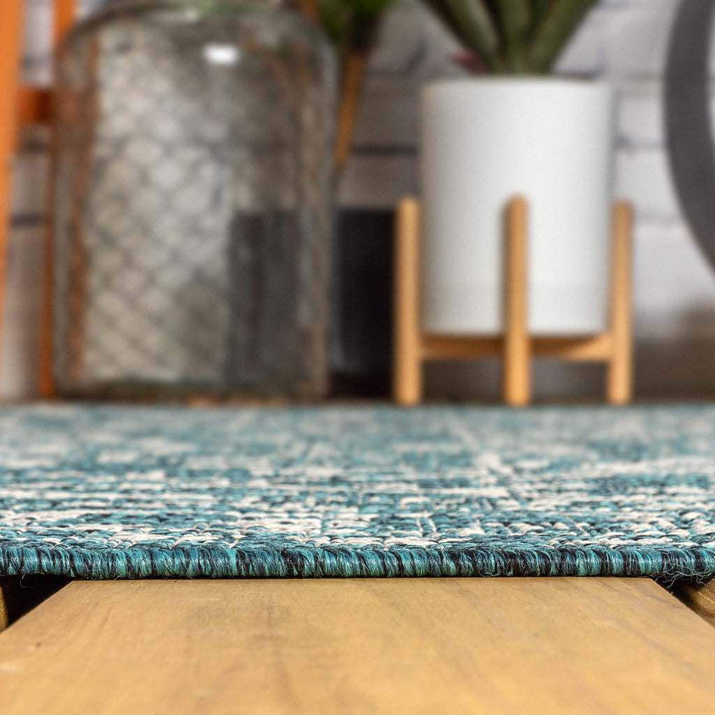 Jonathan Y Smb104B-28 Malta Bohemian Medallion Textured Weave Indoor Outdoor Area Rug, Coastal, Traditional, Transitional Easy Cleaning,Bedroom,Kitchen,Backyard,Patio,Non Shedding, Teal/Gray, 2 X 8