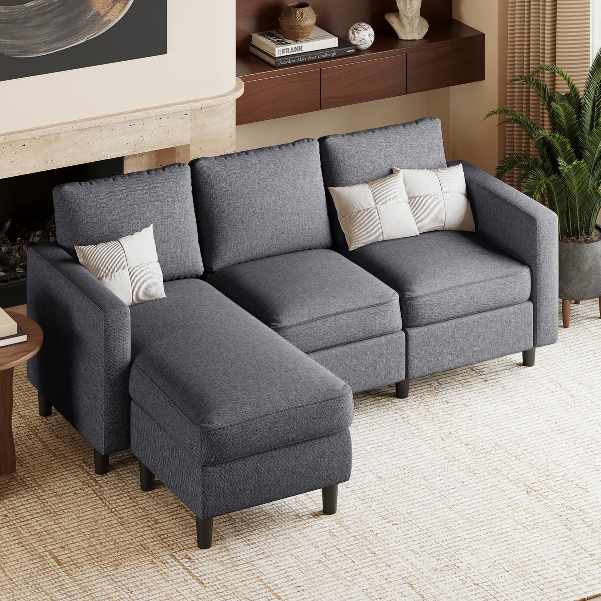 Jamfly L Shaped Couch Sofa For Living Room, Small Sectional Sofa Couch With Breathable Fabric, Reversible Chaise, Dark Grey