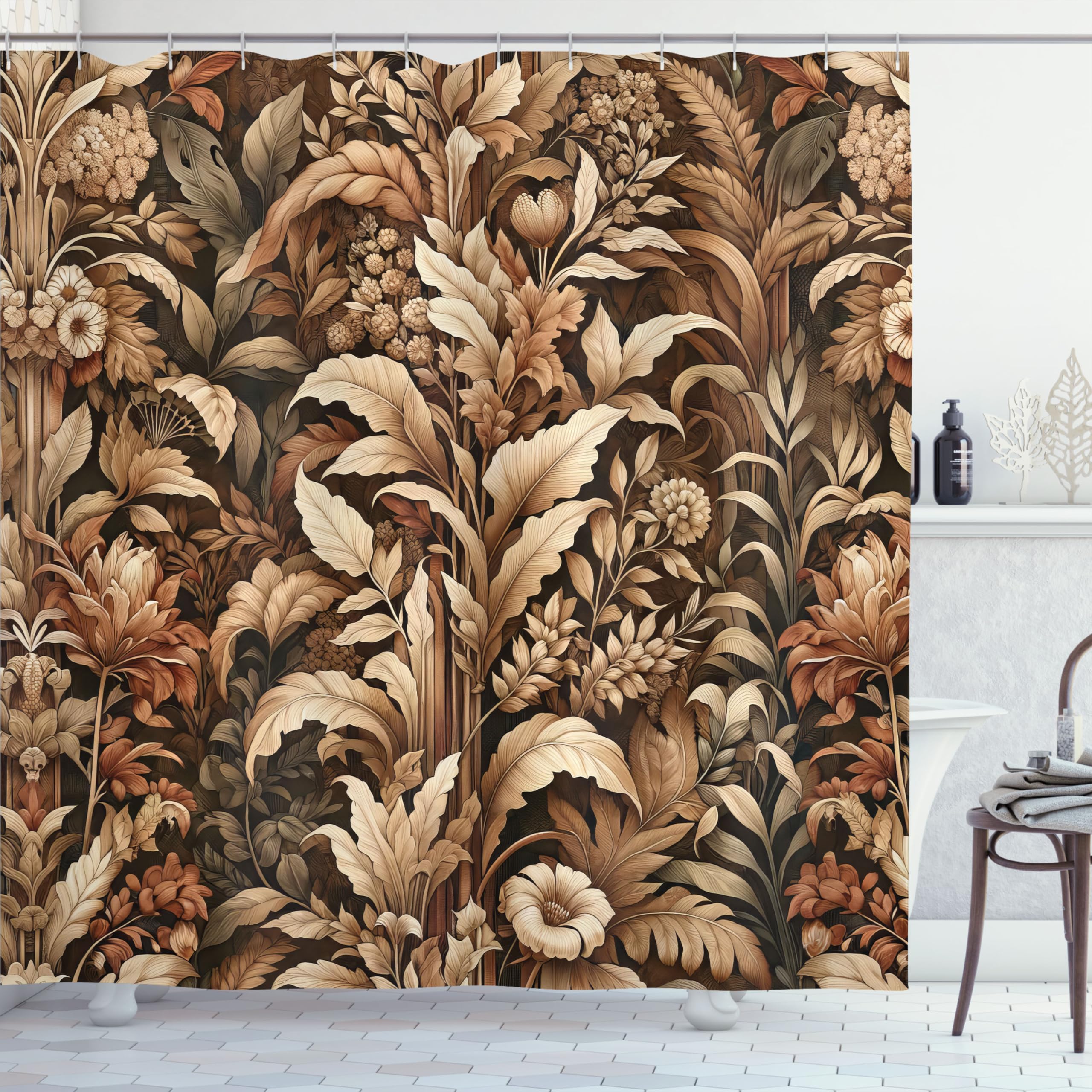 Ambesonne Brown Shower Curtain, Fall Flourishing Earthy Colors Of Vintage Botanical Bloom Flowers Leaves, Cloth Fabric Bathroom
