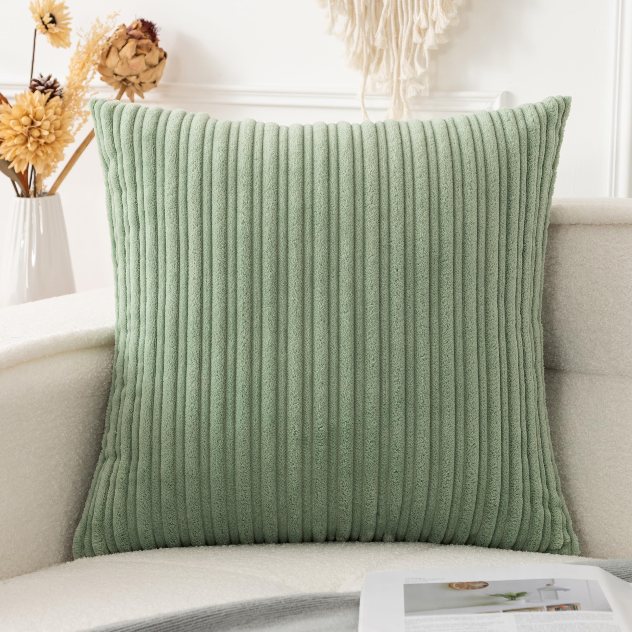 Ugasa 18X18 Inch Soft Throw Pillow Cover Corduroy Striped Solid Square Cushion Case Boho Farmhouse For Couch Bedroom Sofa Home,