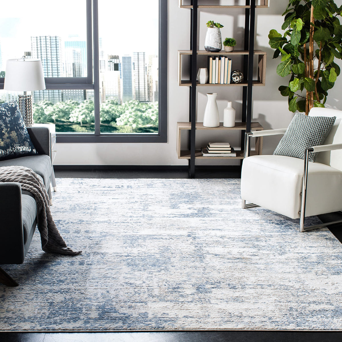 SAFAVIEH Amelia Collection 3' Square Ivory/Blue ALA700A Modern Abstract Non-Shedding Living Room Bedroom Accent Rug
