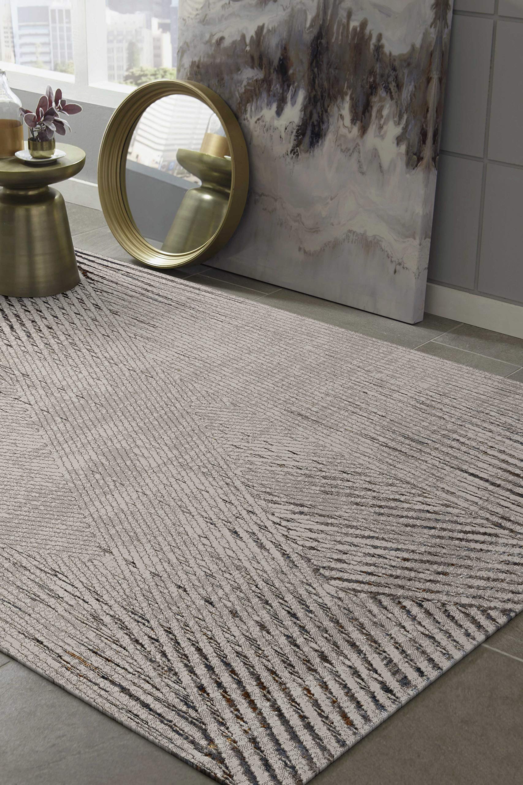 HomeRoots 5'X8' Ivory Grey Machine Woven Geometric Lines Indoor Area Rug