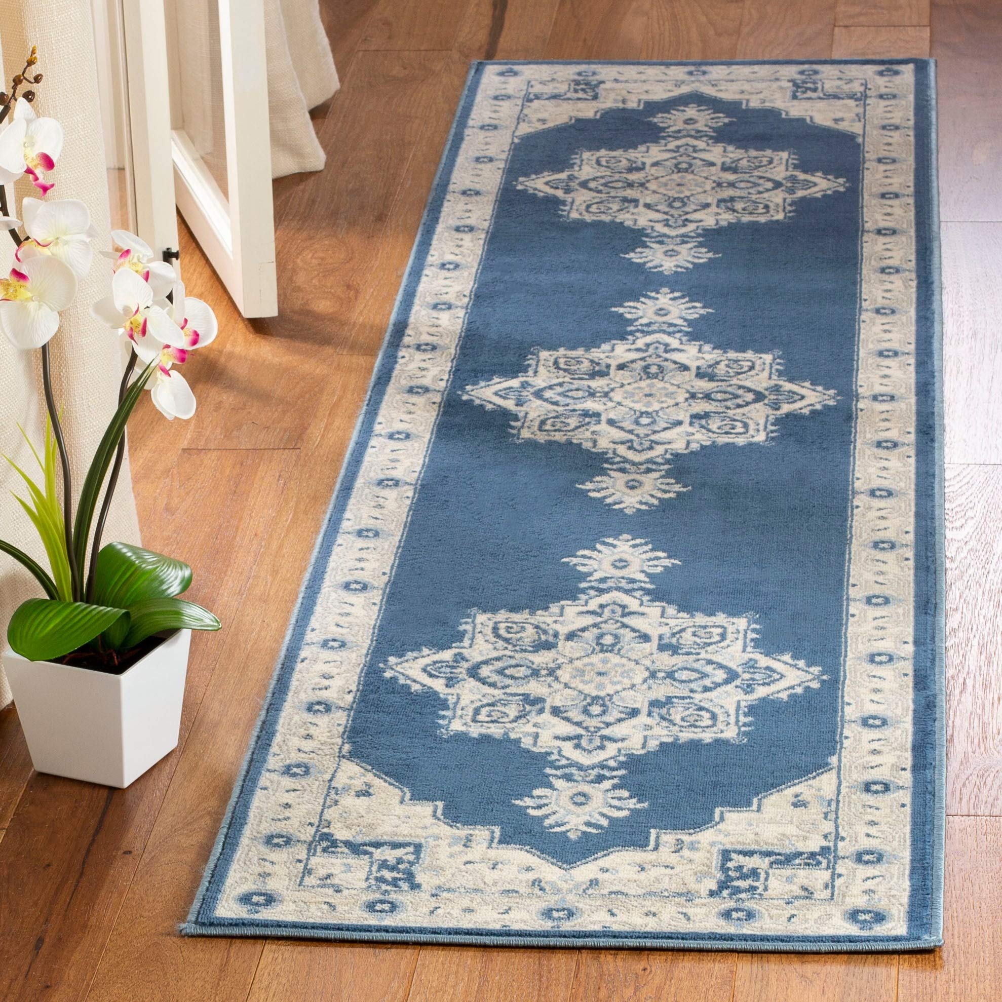 SAFAVIEH Brentwood Collection 2 x 18 Navy / Cream BNT865N Medallion Distressed Non-Shedding Living Room Bedroom Runner Rug
