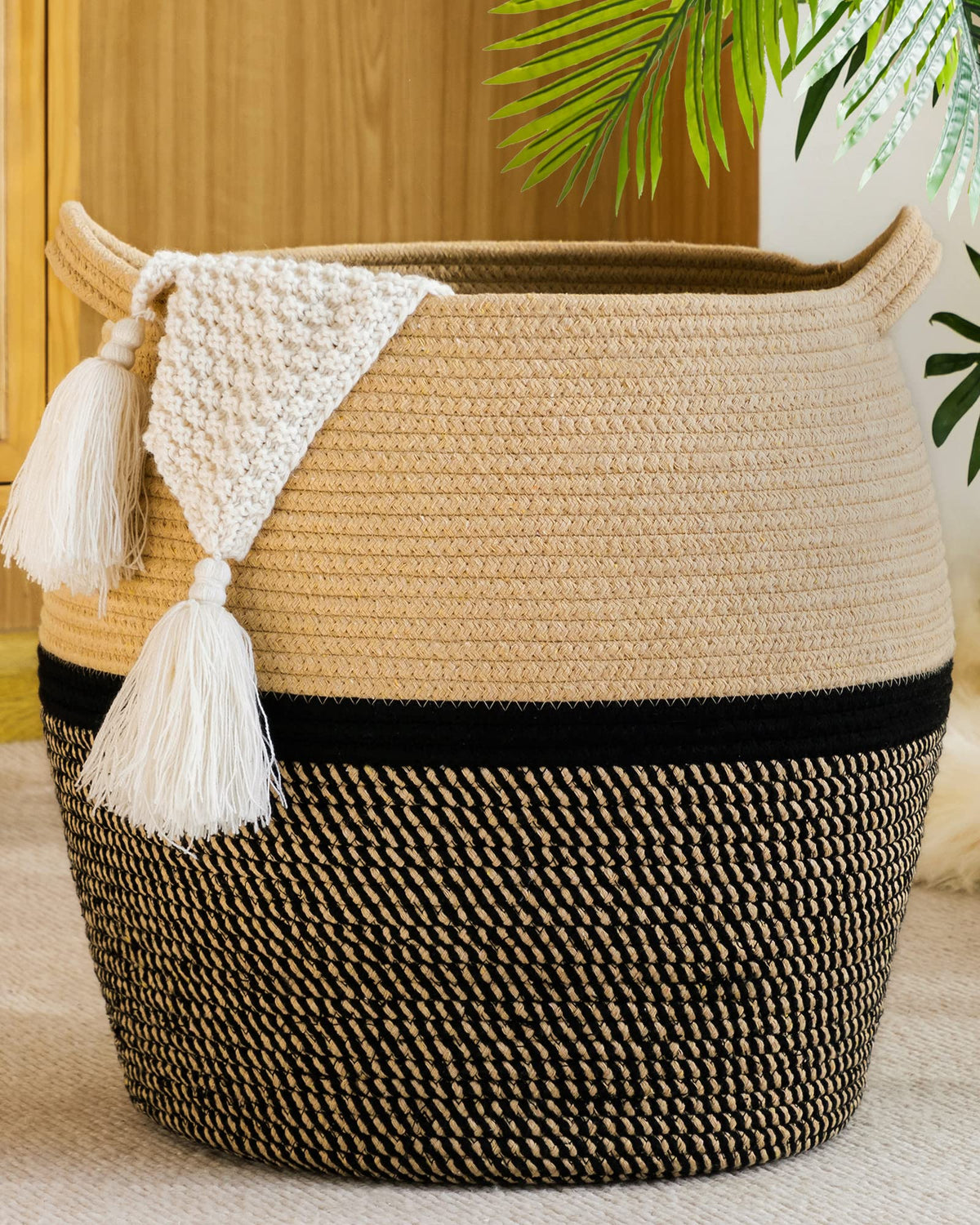 KAKAMAY Woven Baskets for Storage(17''x17''),Large Cotton Rope Basket Baby Laundry Hamper,Collapsible Basket, Blanket Organizing