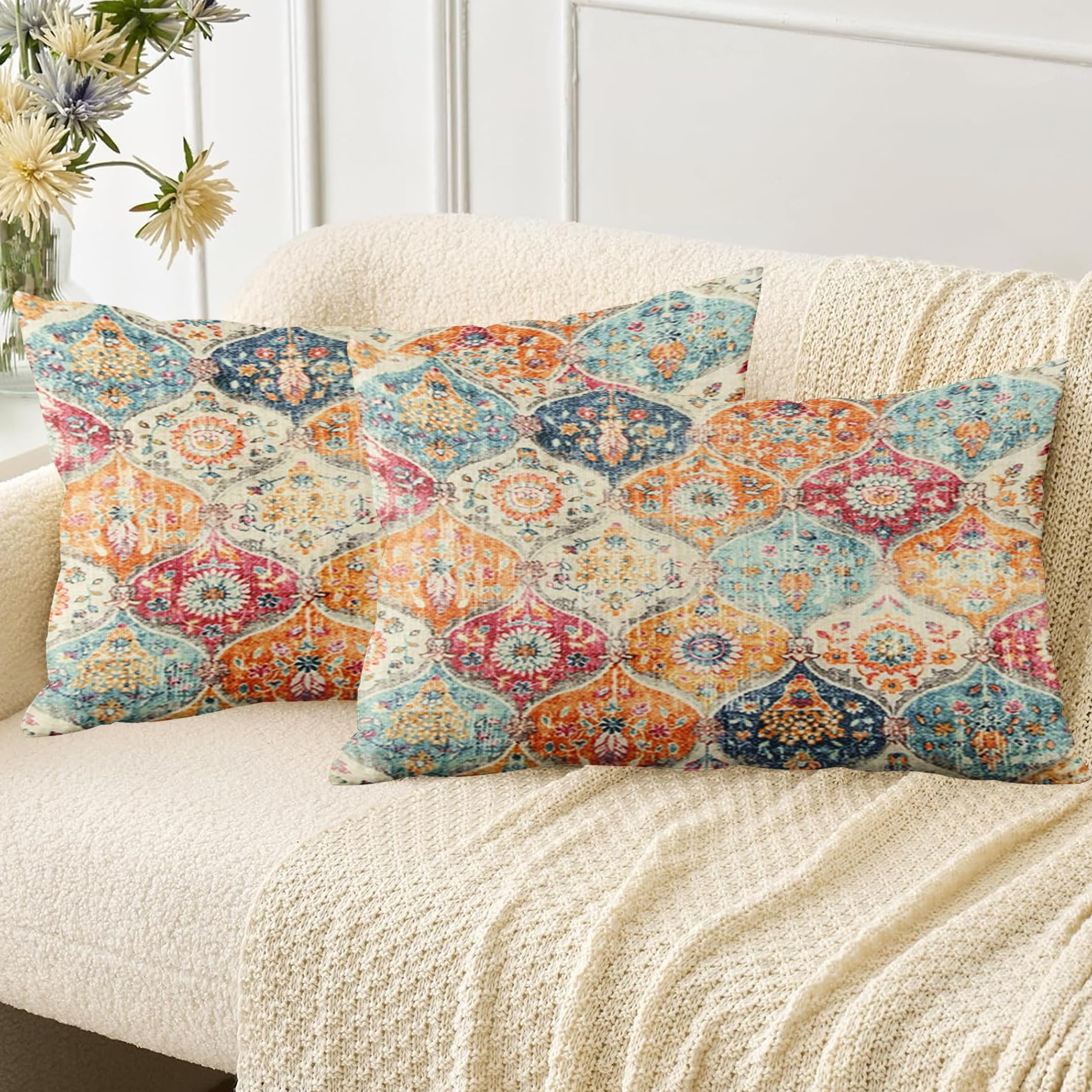 ZSYTZL Boho Throw Pillow Covers 12x20 inch Set of 2,Soft Pillowcases Bohemia Carpet Pattern Decorative Sofa Living Room Bed Squa
