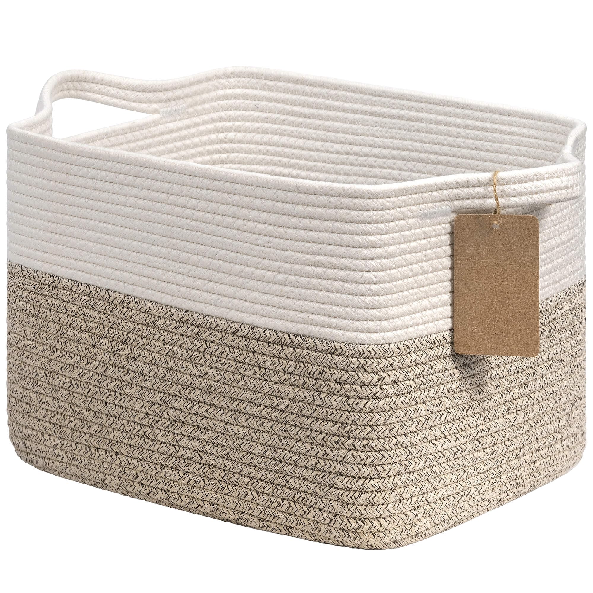 Goodpick Woven Storage Basket for Shelves, Cotton Rope Dog Toy Bin, Empty Gift Basket with Handles, Square Baskets for Storage, 