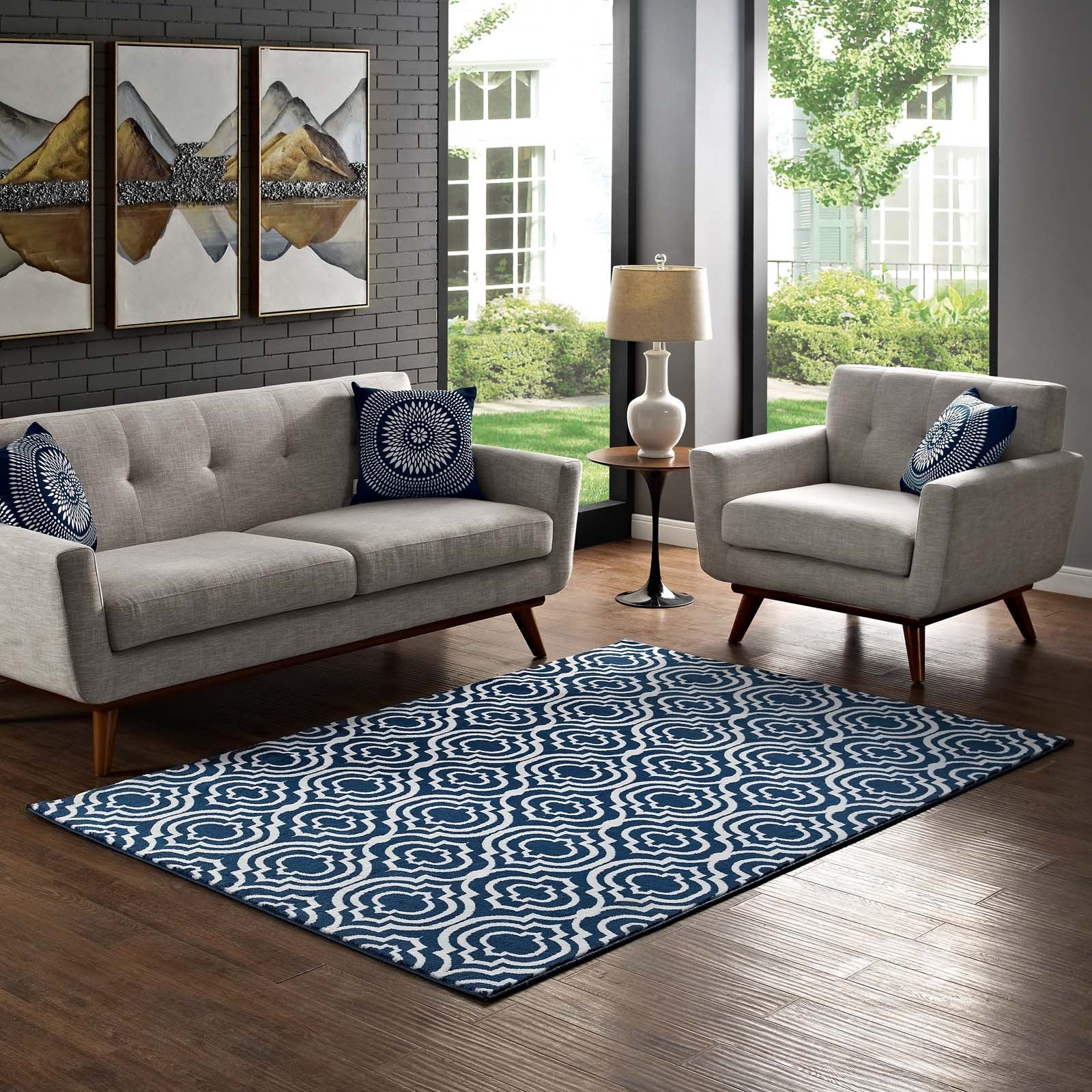 Modway Frame Transitional Moroccan Trellis 5X8 Area Rug In Morcoccan Blue And Ivory