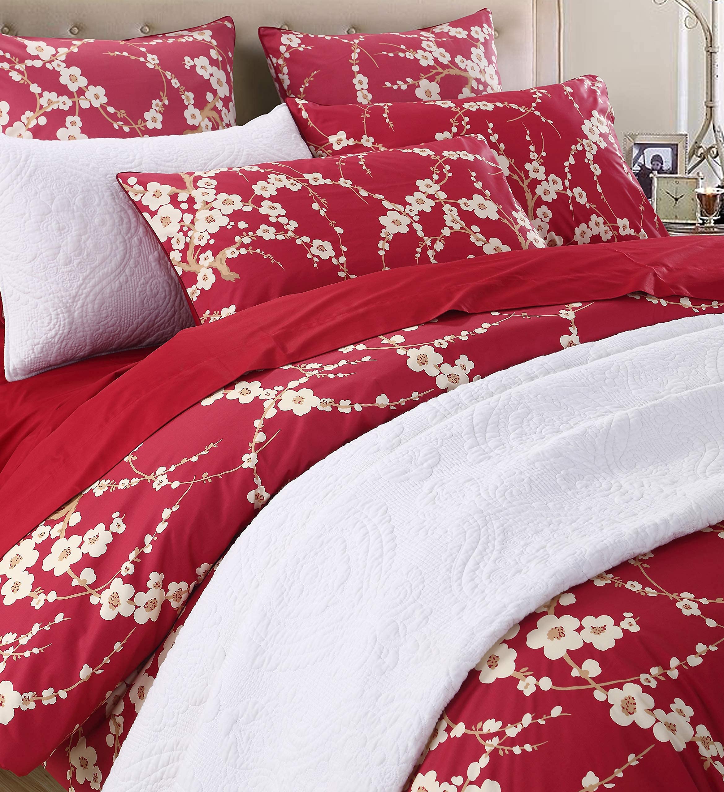 Brandream Eastern Japanese Oriental Style Cherry Floral Chinoiserie Blossom Print Duvet Quilt Cover Set Red 800Tc Egyptian Cotto