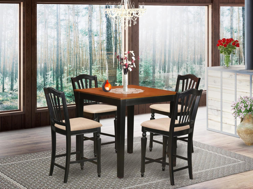 East West Furniture PBCH5-BLK-C 5 Piece Kitchen Counter Set Includes a Square Dining Table and 4 Linen Fabric Dining Room Chairs, 36x36 Inch, Black & Cherry