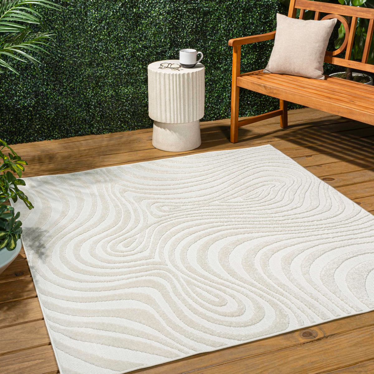 Jonathan Y Scn103A-7Sq Maribo High-Low Abstract Groovy Striped Cream/Ivory 7' Square Indoor/Outdoor Area Rug, Pet Friendly, Non-