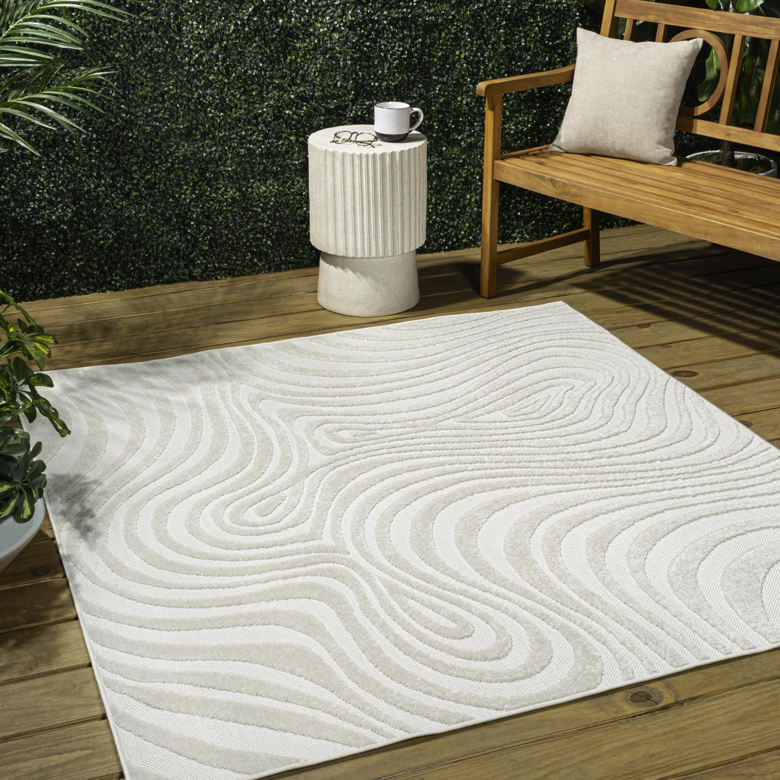 Jonathan Y Scn103A-6Sq Maribo High-Low Abstract Groovy Striped Cream/Ivory 6' Square Indoor/Outdoor Area Rug, Pet Friendly, Non-
