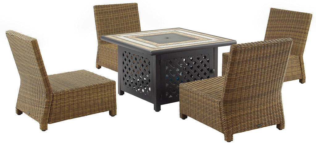 Crosley Furniture Bradenton 5-Piece Wicker Outdoor Chair Patio Furniture Set with Propane Gas Fire Pit Table, Brown with Sangria Cushions