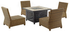 Crosley Furniture Bradenton 5-Piece Wicker Outdoor Chair Patio Furniture Set with Propane Gas Fire Pit Table, Brown with Sangria Cushions