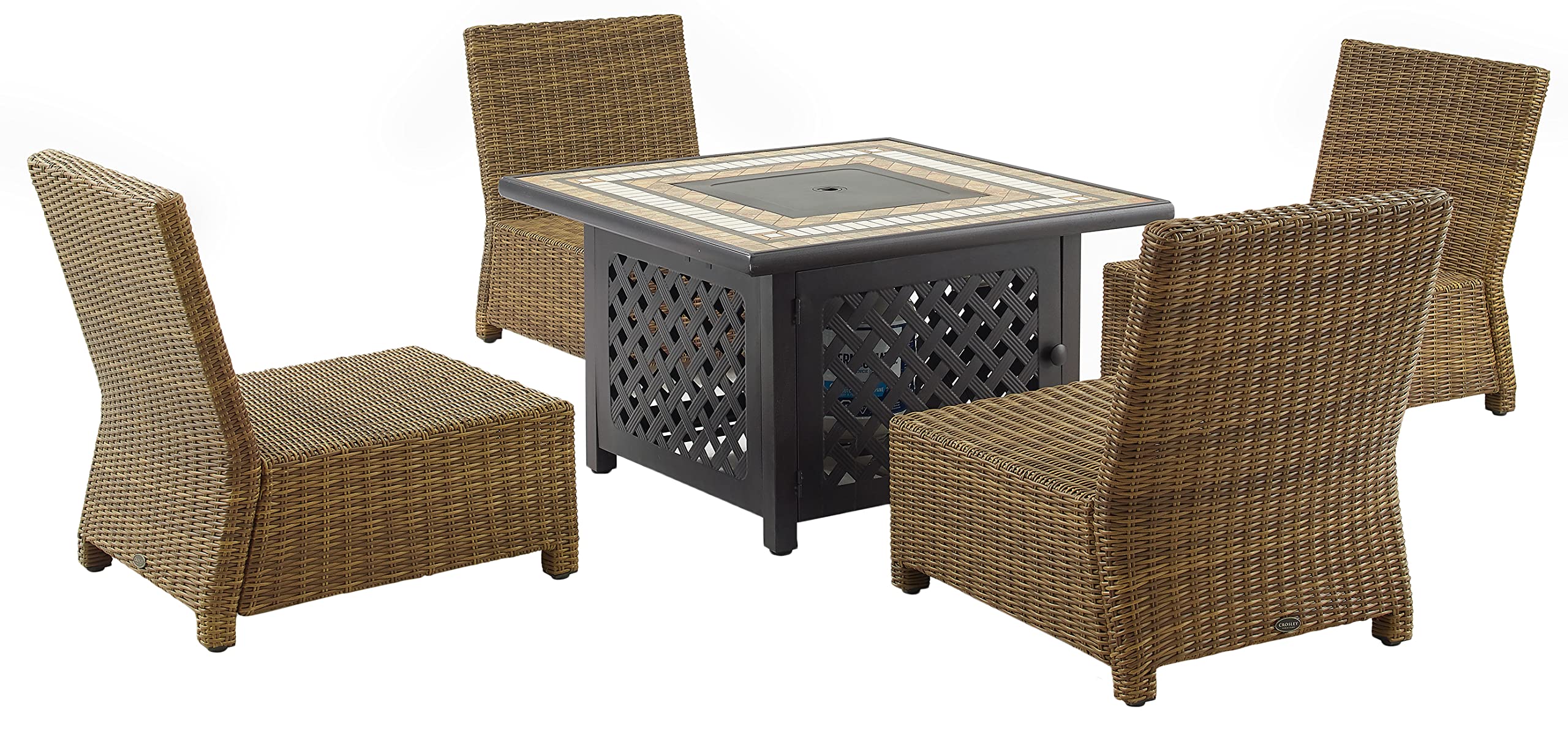 Crosley Furniture Bradenton 5-Piece Wicker Outdoor Chair Patio Furniture Set with Propane Gas Fire Pit Table, Brown with Sangria Cushions