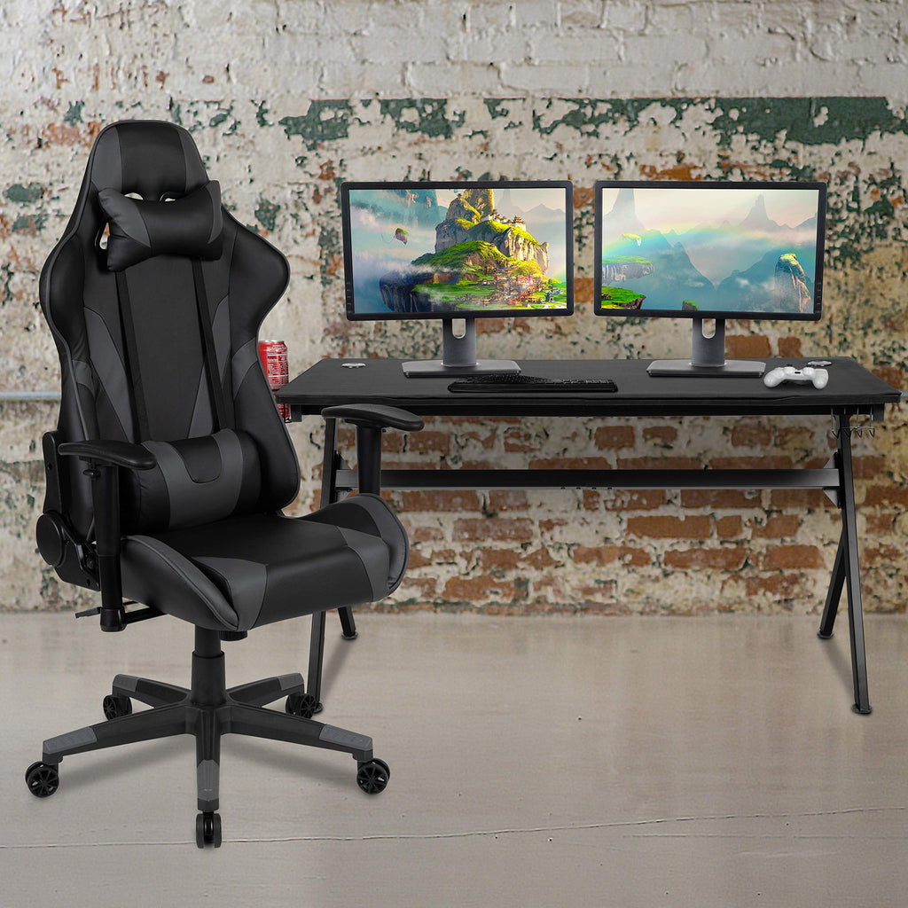 Flash Furniture Gaming Desk And Gray/Black Reclining Gaming Chair Set /Cup Holder/Headphone Hook/Removable Mouse Pad Top - Wire Management