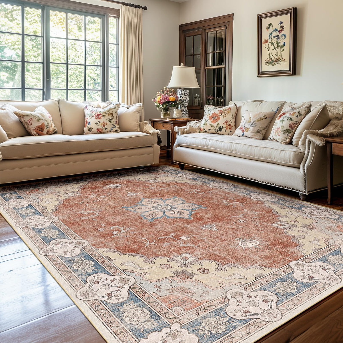 meejou 8x10 Area Rugs Vintage Floral Print Rugs with Non-Slip Backing Washable Rugs for Living Room Bedroom Dining Room Red Bric