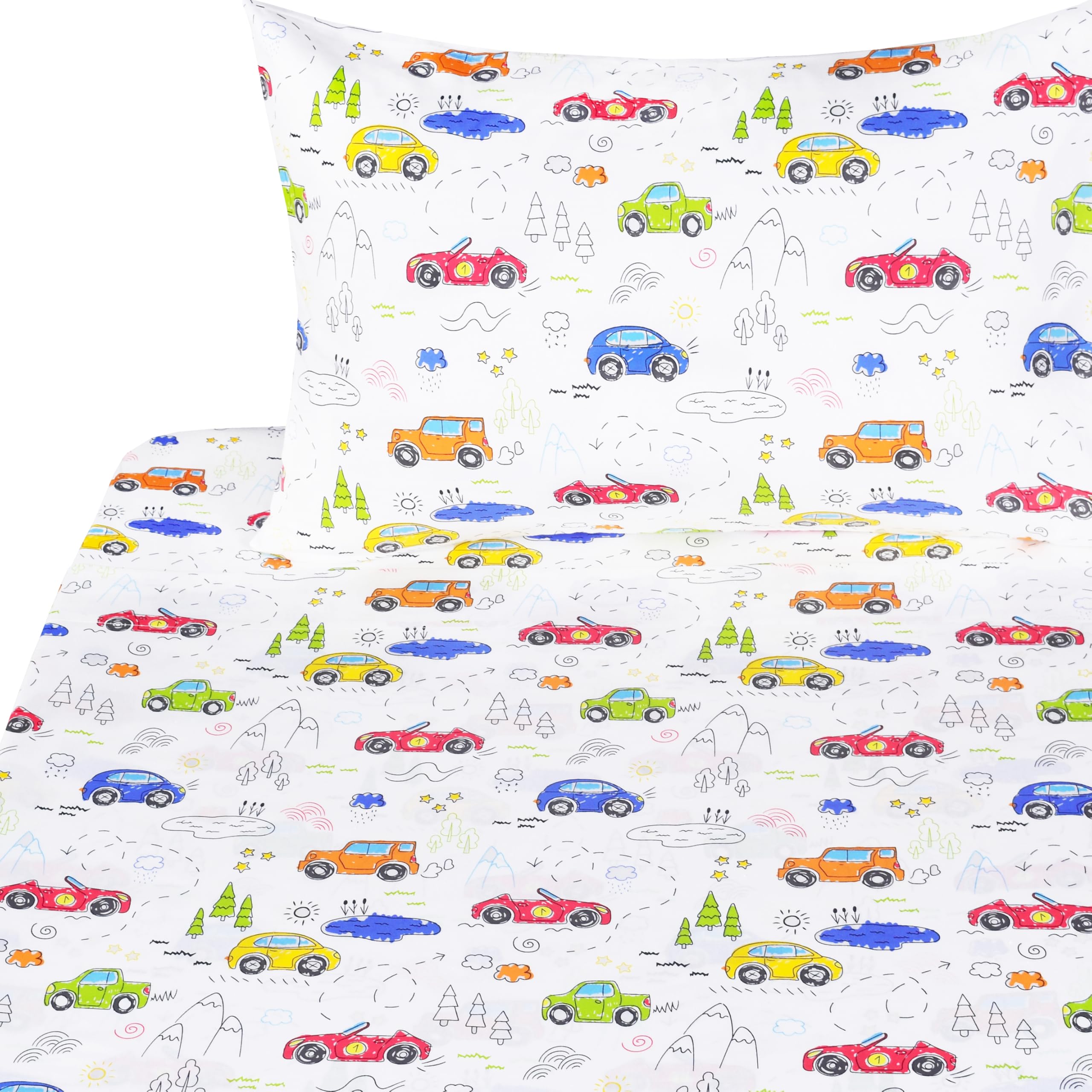 J-Pinno Colourful Cars Trees Lakes Hills Trave Journey Cute Cartoon 100% Cotton 3 Pieces Twin Sheet Set For Kids Girls Boys Chil