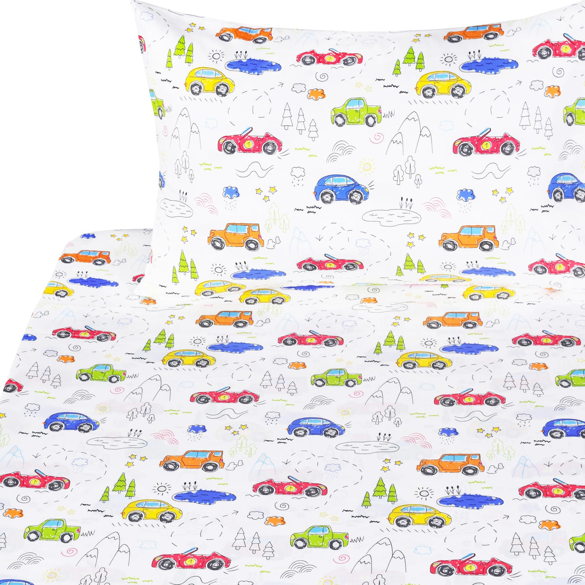 J-Pinno Colourful Cars Trees Lakes Hills Trave Journey Cute Cartoon 100% Cotton 3 Pieces Twin Sheet Set For Kids Girls Boys Chil