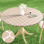 Smiry Round Picnic Tablecloth, Waterproof Elastic Fitted Table Covers For 57' - 68' Tables, Wipeable Flannel Backed Vinyl Tablecloths For Camping, Indoor, Outdoor, Khaki & White