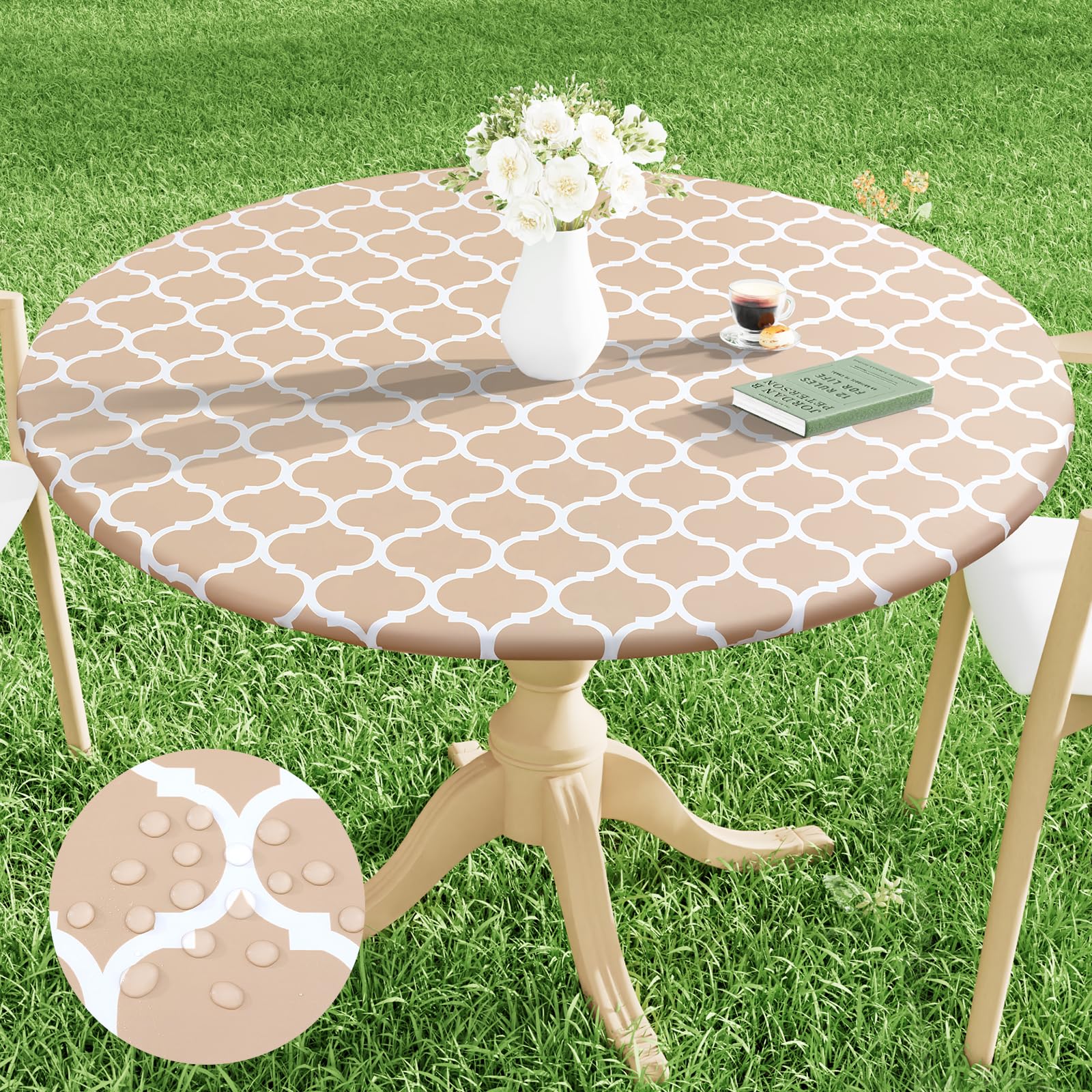 Smiry Round Picnic Tablecloth, Waterproof Elastic Fitted Table Covers For 57' - 68' Tables, Wipeable Flannel Backed Vinyl Tablecloths For Camping, Indoor, Outdoor, Khaki & White