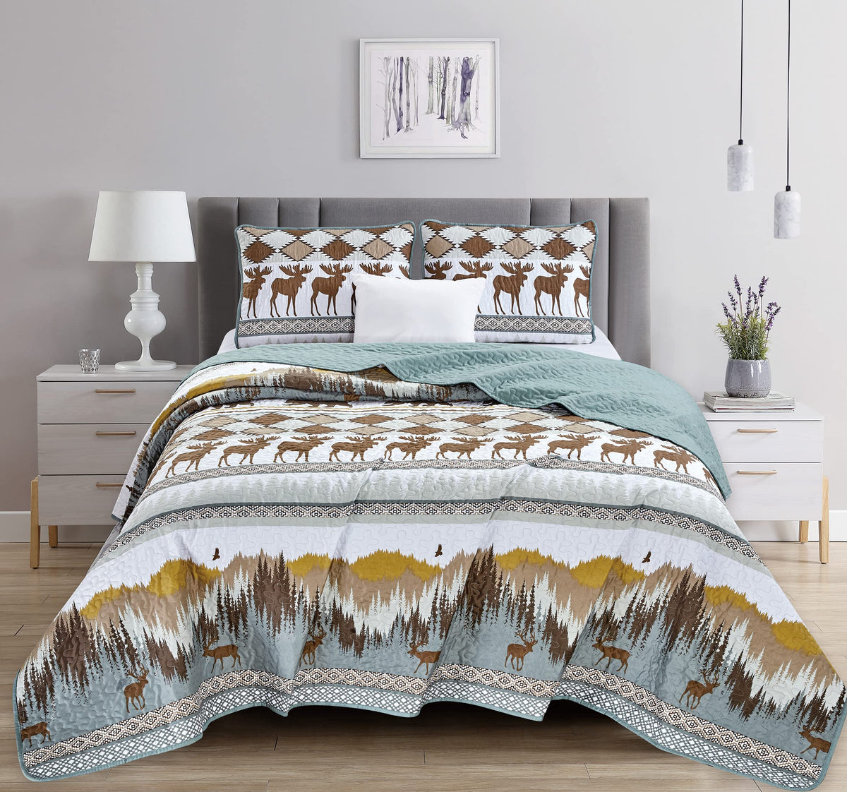 Chezmoi Collection 3-Piece Quilt Bedding Set Wilderness Forest Wildlife Moose Bear Microfiber Printed Bedspread Set, King Size