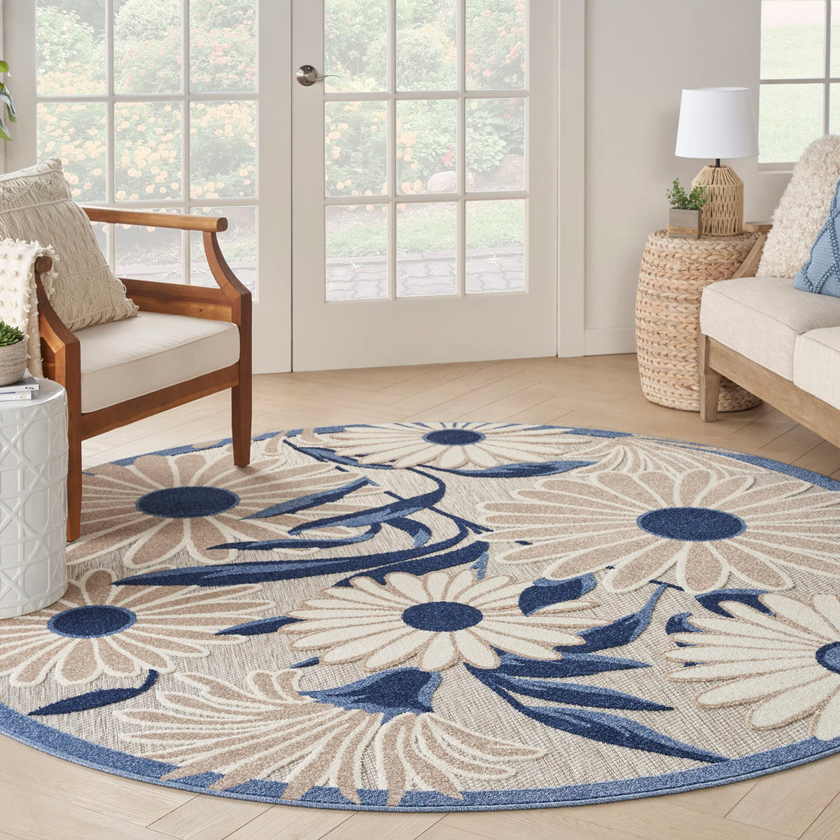 Nourison Aloha Indoor/Outdoor Blue Grey 7’10” X Round Area Rug, Easy Cleaning, Non Shedding, Bed Room, Living Room, Dining Room, Backyard, Deck, Patio (8 Round)