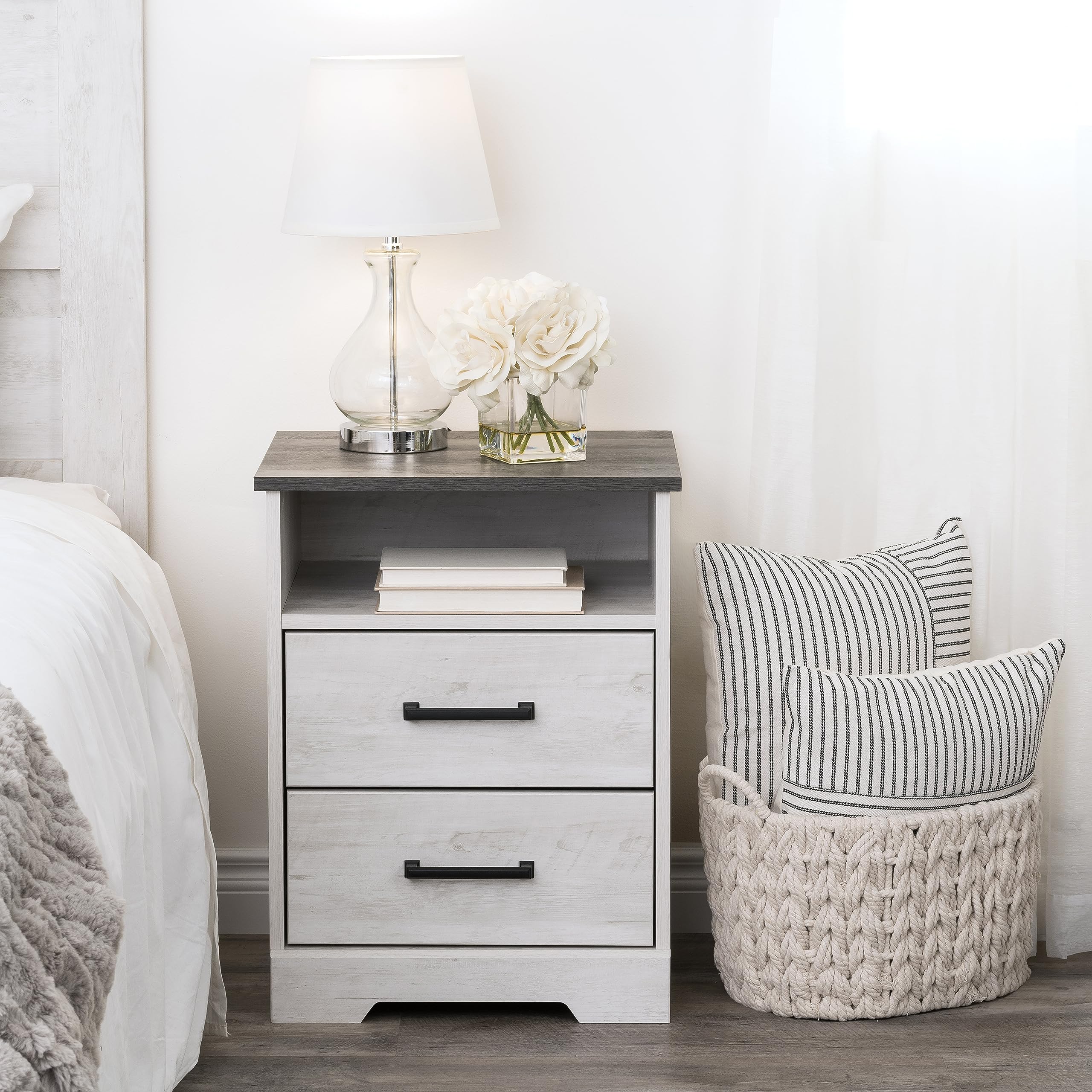 Prepac Rustic Ridge Farmhouse Bedroom Nightstand With 2 Drawers And An Open Cubby, Wooden Bedside Table For Bedroom, Office, Or Living Room, 16.25In X 18.75In X 24.5In, Washed White