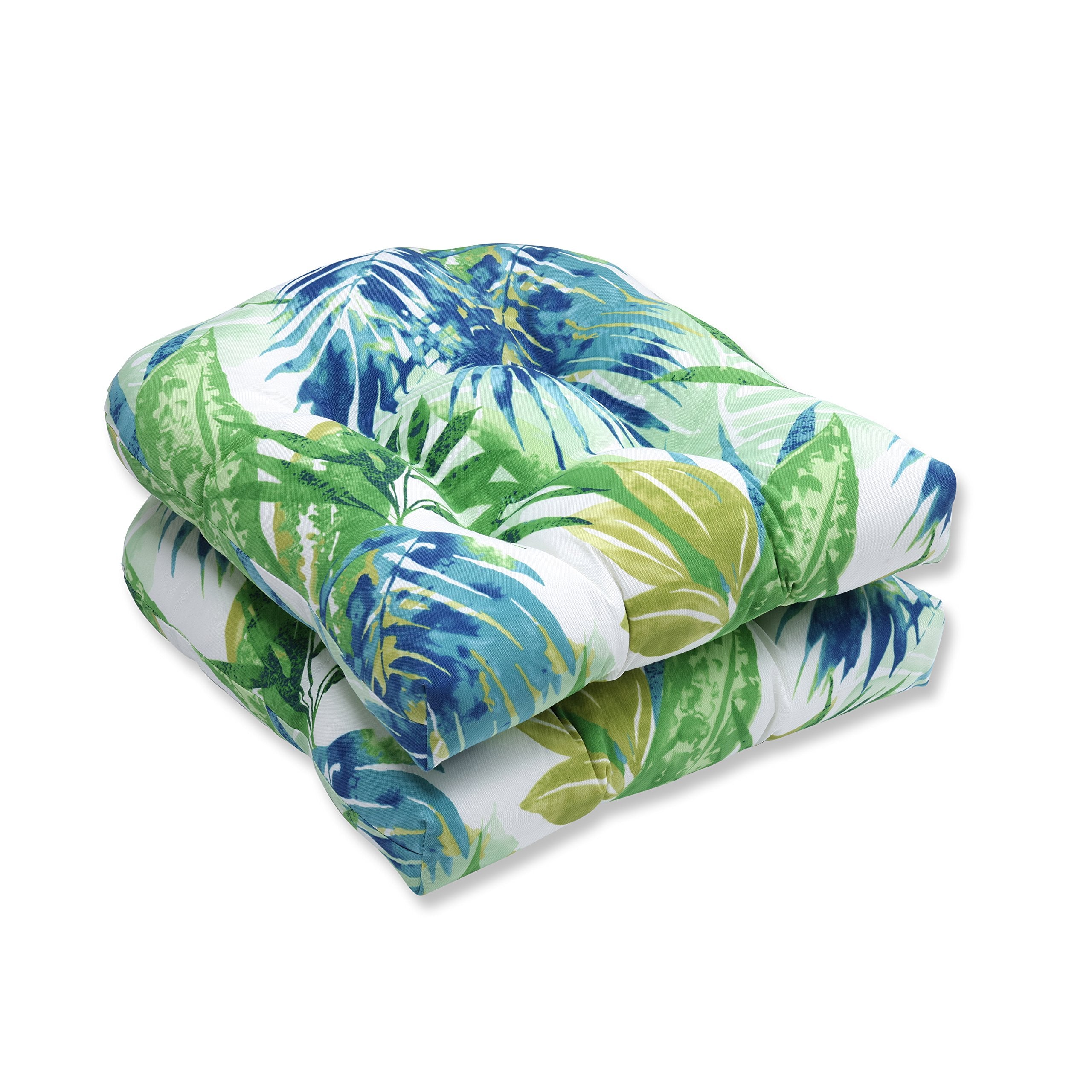 Pillow Perfect Tropic Floral Indoor/Outdoor Chair Seat Cushion, Tufted, Weather, And Fade Resistant, 19' X 19', Blue/Green Sol