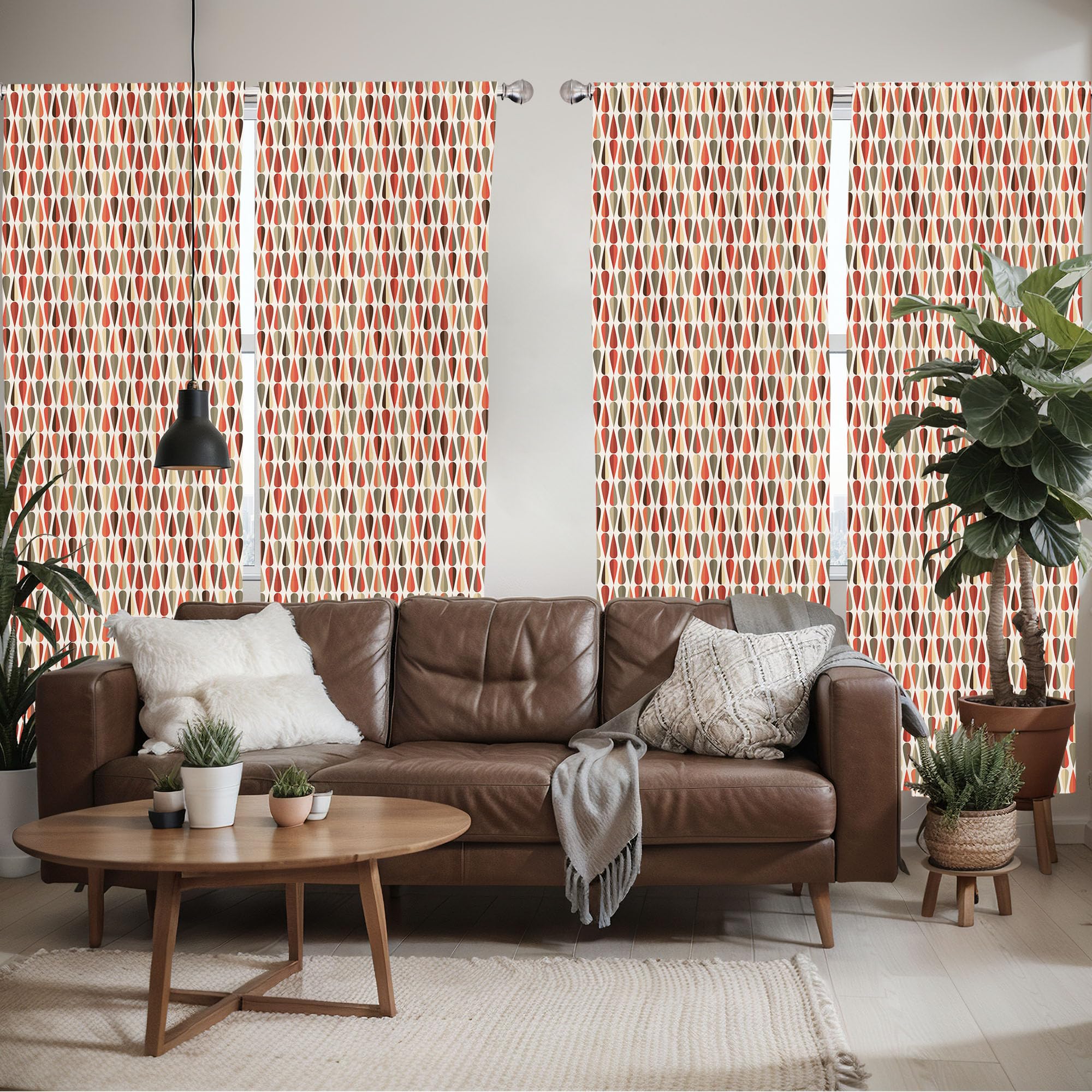 Ambesonne Retro Window Curtains Pack Of 2, Sixties And Seventies Style Geometric Round Shaped Repeated Symmetric Design, Lightwe
