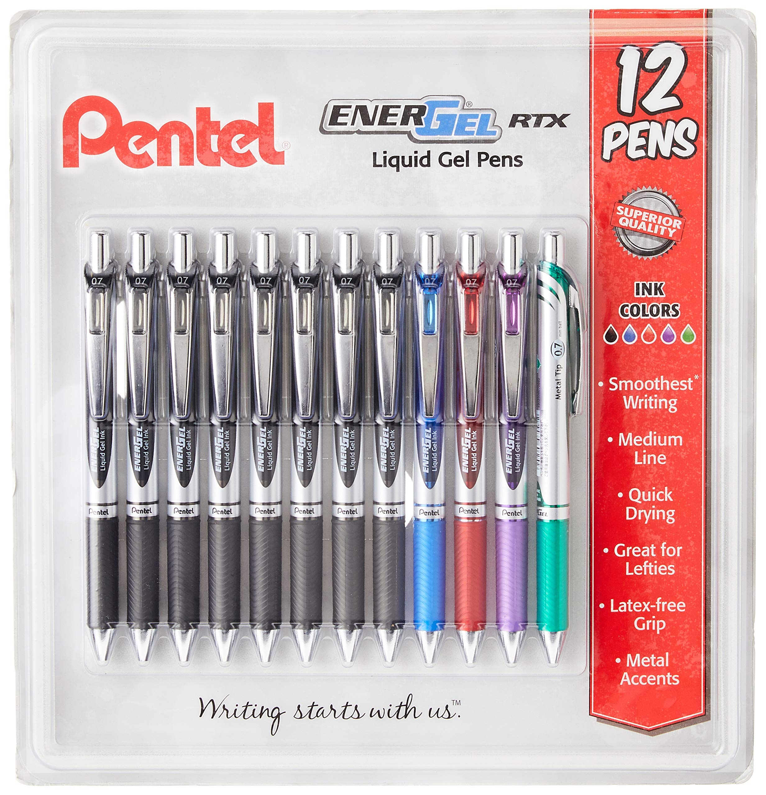 Pentel Energel Rtx Retractable Liquid Gel Pen, 0.7Mm Black/Blue/Red/Green/Violet Ink, 12 Pack (Bl77O12C)