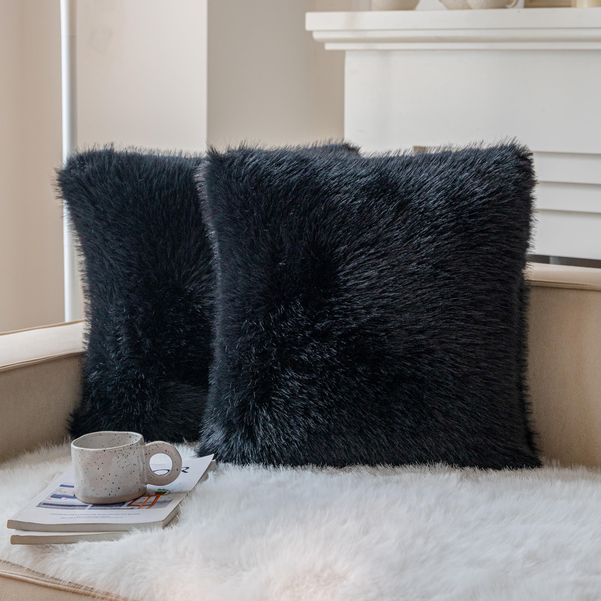 Neelvin Black Faux Fur Cozy Fluffy Double-Sided Decorative Throw Pillow Covers 20X20 Inch Set Of 2,Velvet Pillowcase Cushion Cas