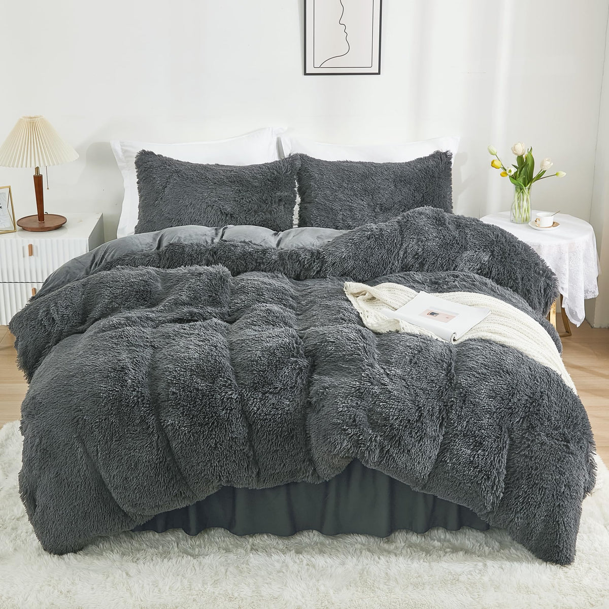 Annadaif Plush Shaggy Duvet Cover, Dark Gray Fluffy Comforter Cover Set Queen Size, Fuzzy Faux Fur Bedding Set With Zipper Closu