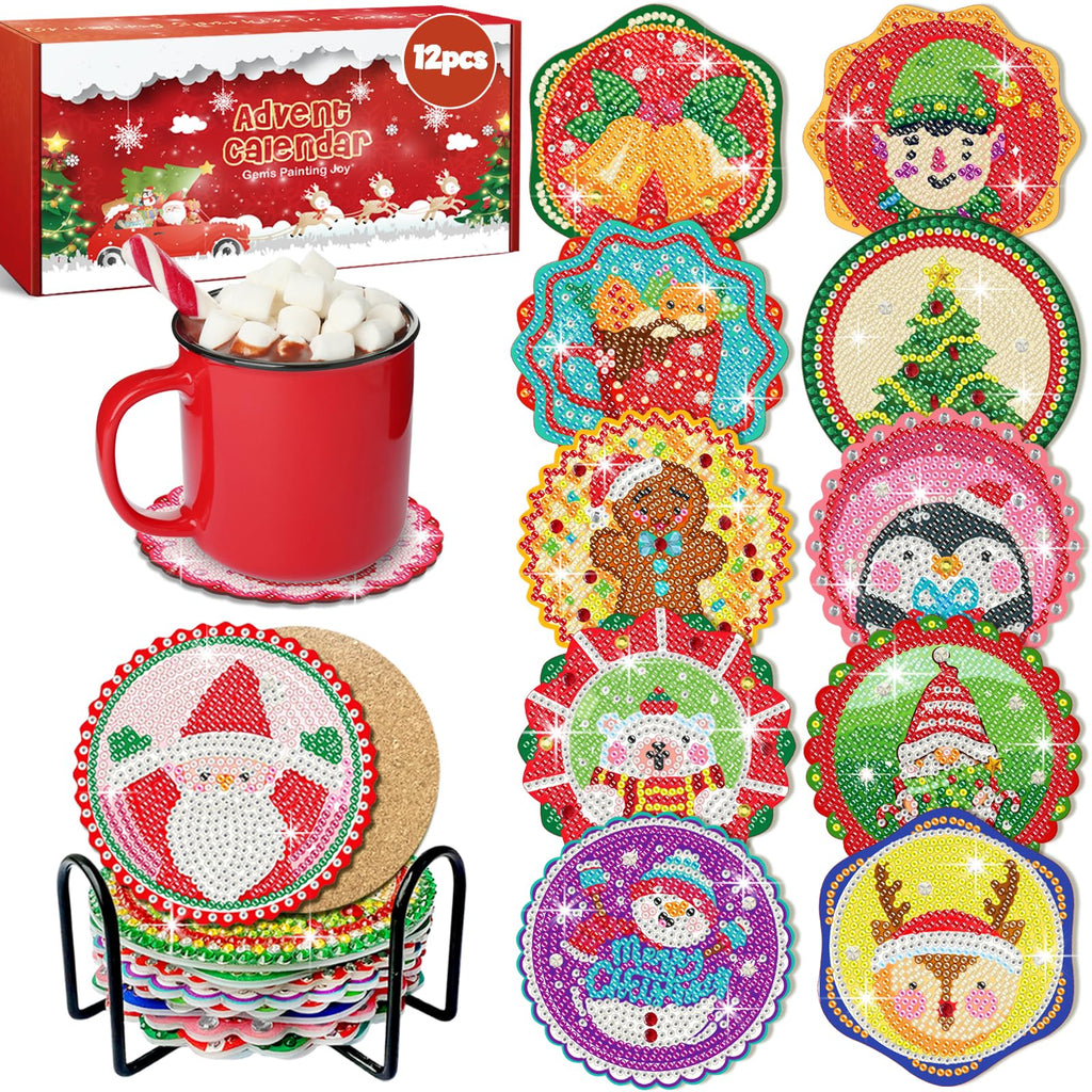 12 Days of Christmas Advent Calendar Diamond Painting Coasters, DIY Crafts Gem Diamond Art Kits for Adults, Elderly Parents, Chr