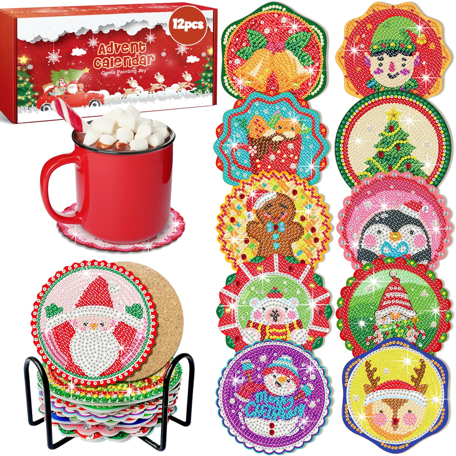 12 Days of Christmas Advent Calendar Diamond Painting Coasters, DIY Crafts Gem Diamond Art Kits for Adults, Elderly Parents, Chr
