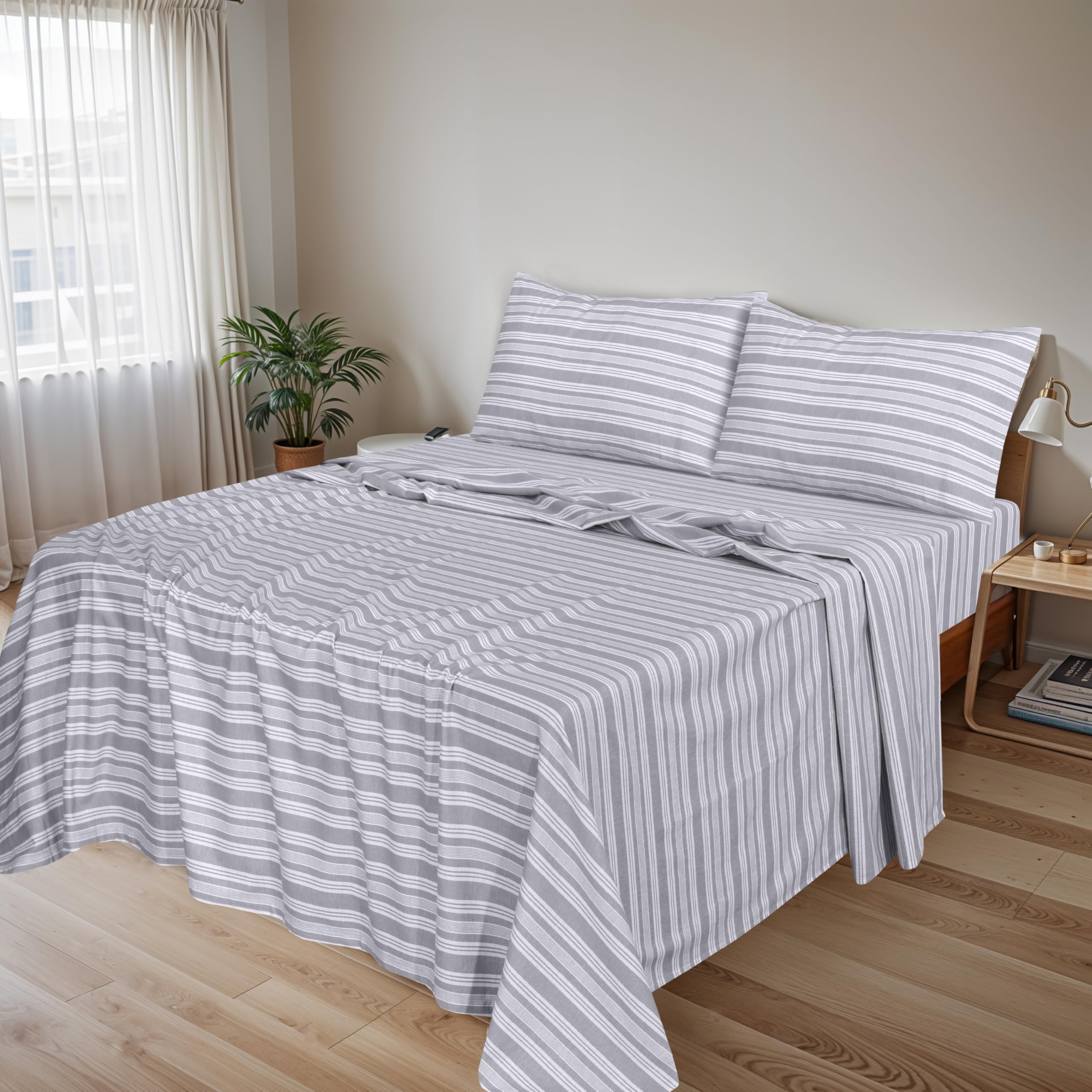 Ruvanti Flannel Sheets Full Size - 100% Cotton Double Brushed Bed Sheets Set, Deep Pockets 16 Inches, All Seasons Breathable & Extra Soft Full Sheets, Warm & Cozy, 4 Piece, Grey Lining