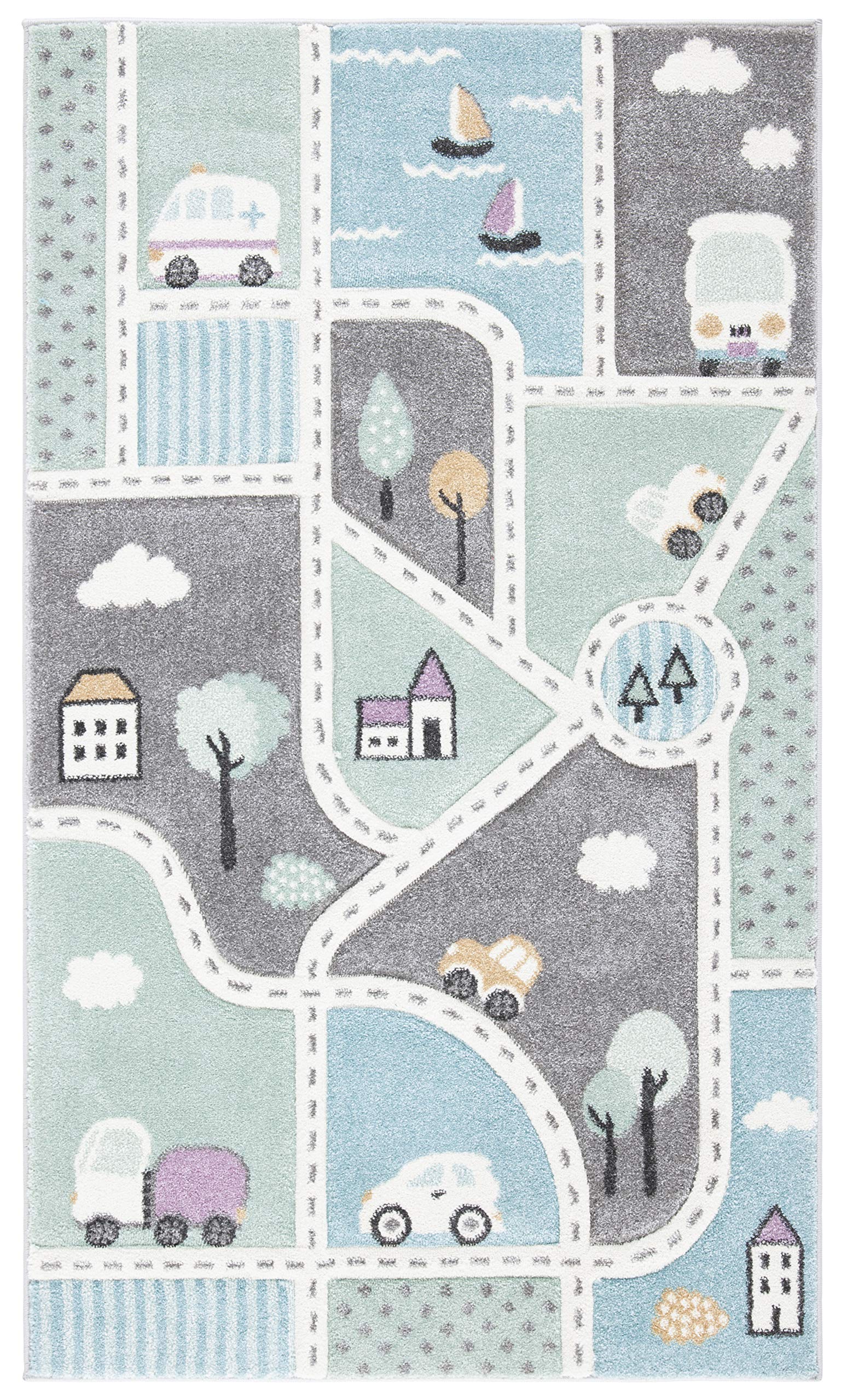 Safavieh Carousel Kids Collection Accent Rug - 33 x 53, Grey & Light Blue, Non-Shedding & Easy Care, Ideal for High Traffic Ar