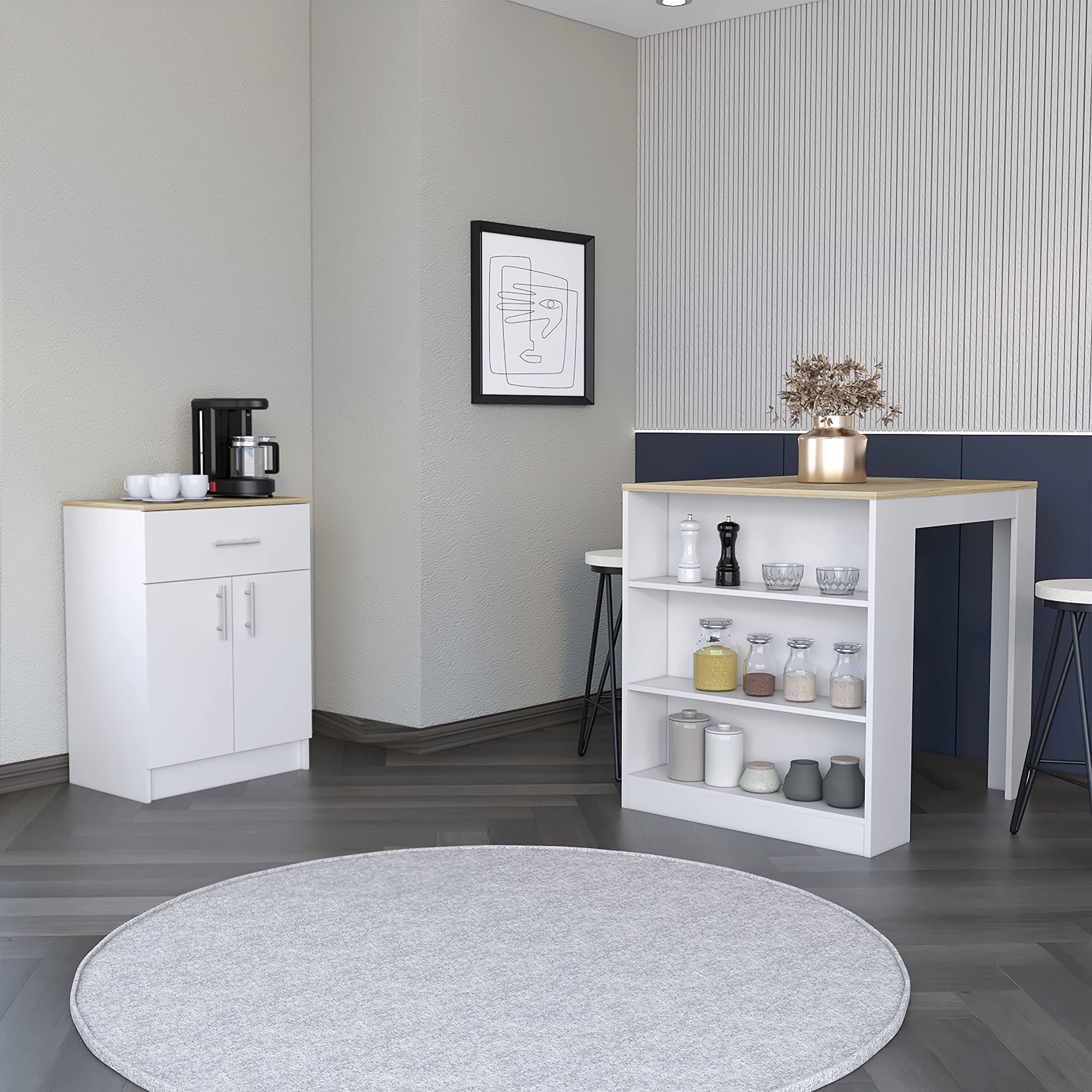 Depot E-Shop Monroe 2 Piece Kitchen Set, Kitchen Island + Kitchen Pantry, White/Light Oak