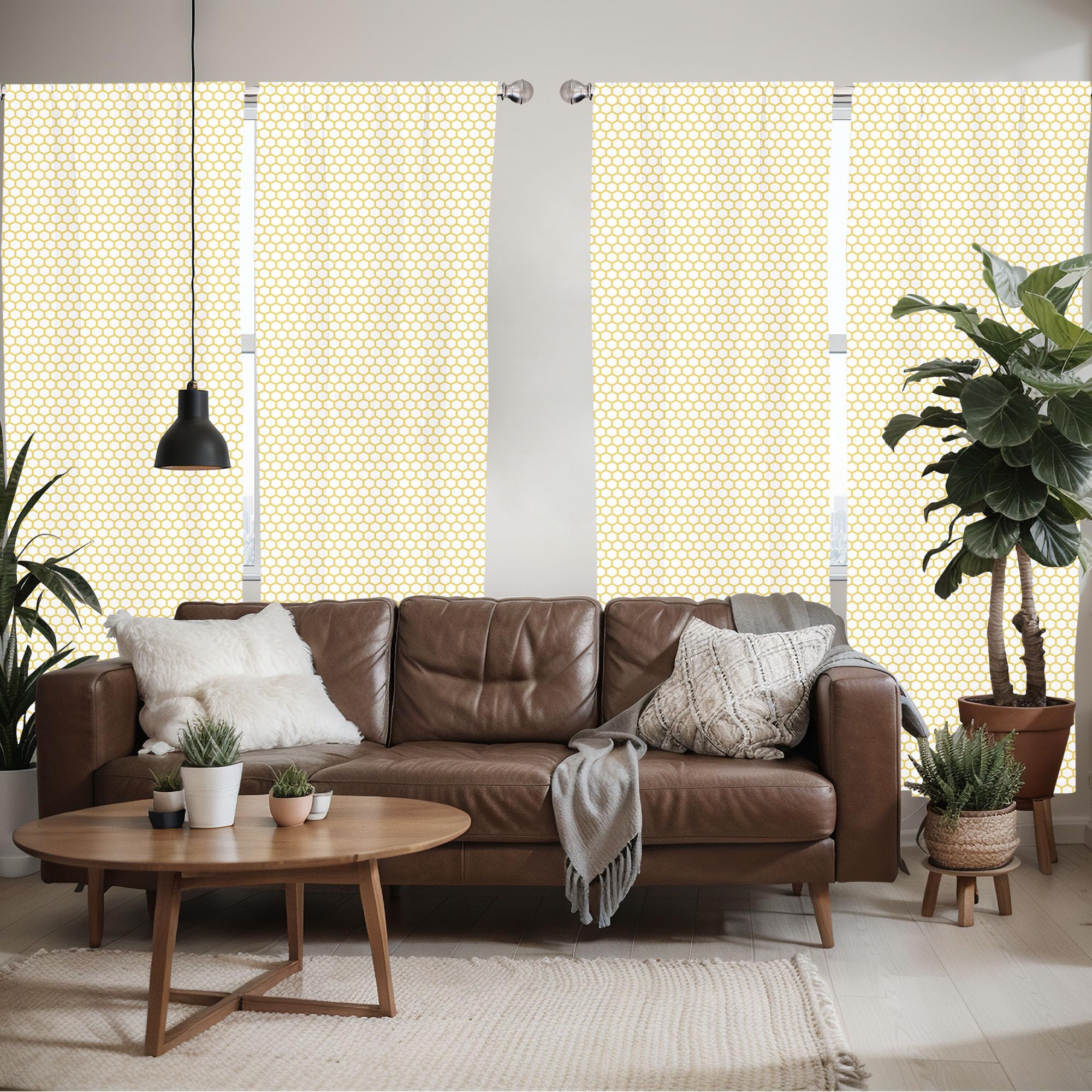 Ambesonne Yellow And White Window Curtains Pack Of 2, Hexagonal Pattern Honeycomb Beehive Simplistic Geometrical Monochrome, Lig