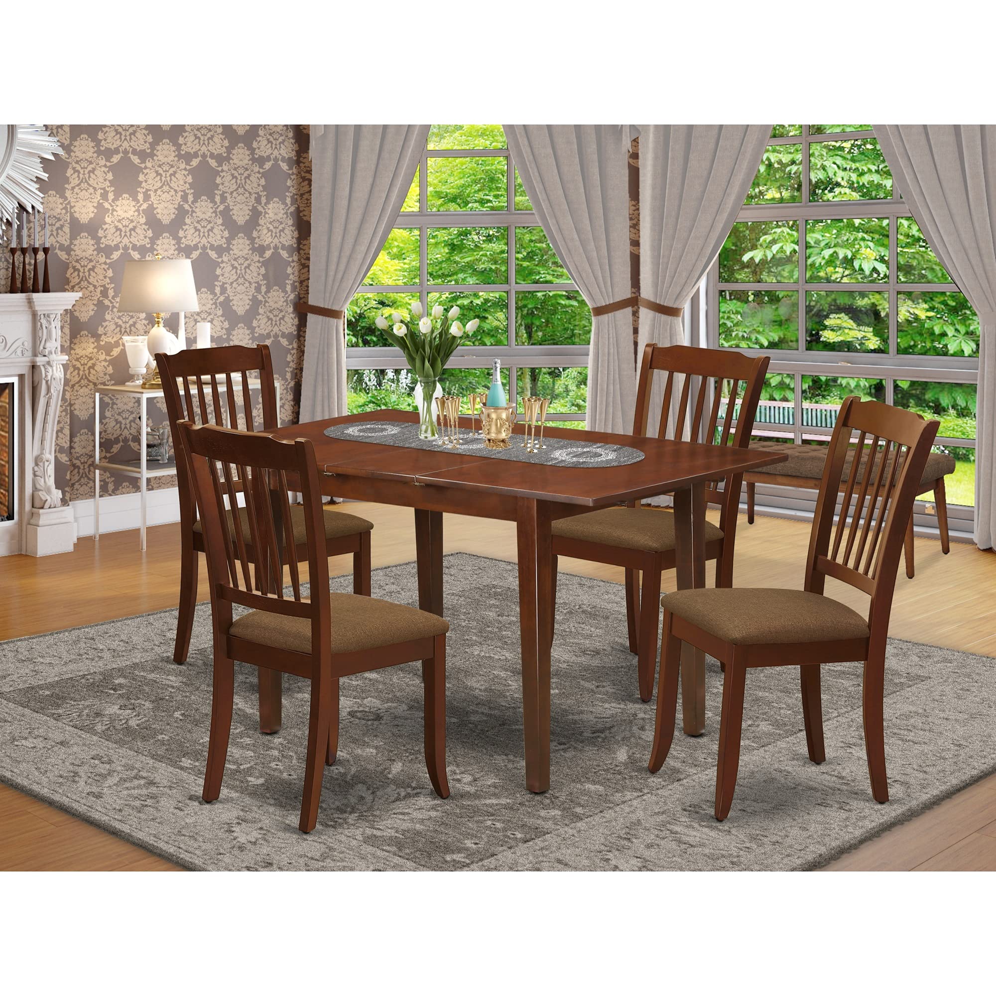 East West Furniture Noda5-Mah-C 5 Piece Dining Table Set For 4 Includes A Rectangle Kitchen Table With Butterfly Leaf And 4 Linen Fabric Kitchen Dining Chairs, 32X54 Inch, Mahogany