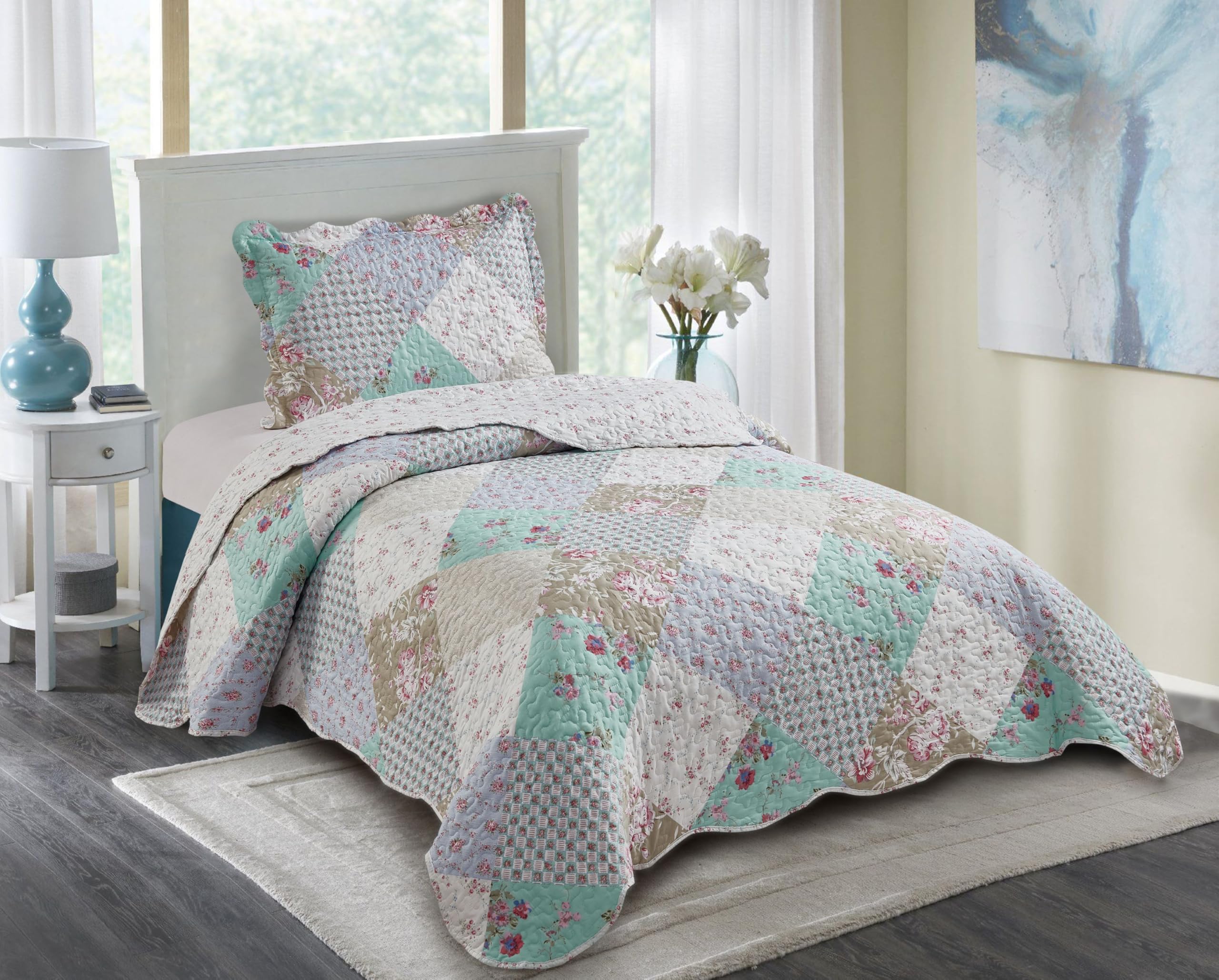 Brilliant Sunshine Blue And Green Rose Quilt Set, 2-Piece Bedding Sets With 1 Sham, Patchwork Design, Washable And Reversible Bedspread, Soft Lightweight Coverlet, All-Season, Twin/Twin Xl