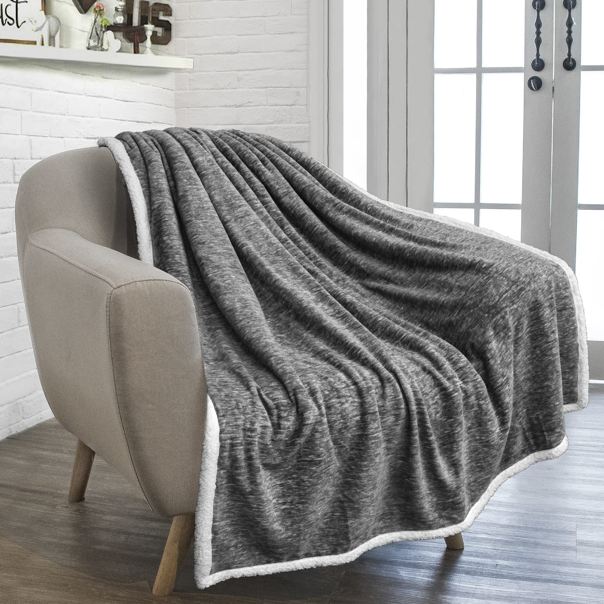 Pavilia Melange Dark Gray Sherpa Blanket Throw For Couch, Warm Soft Cozy Reversible Blanket Sofa Bed, Thick Plush Large Fleece C