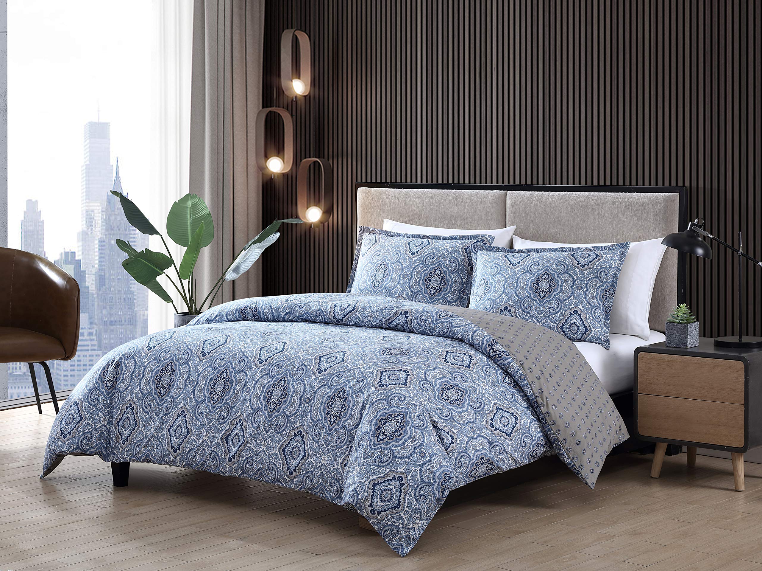 City Scene Duvet Cover Set Reversible Cotton Bedding With Matching Shams, All Season Home Decor, Queen, Milan Blue