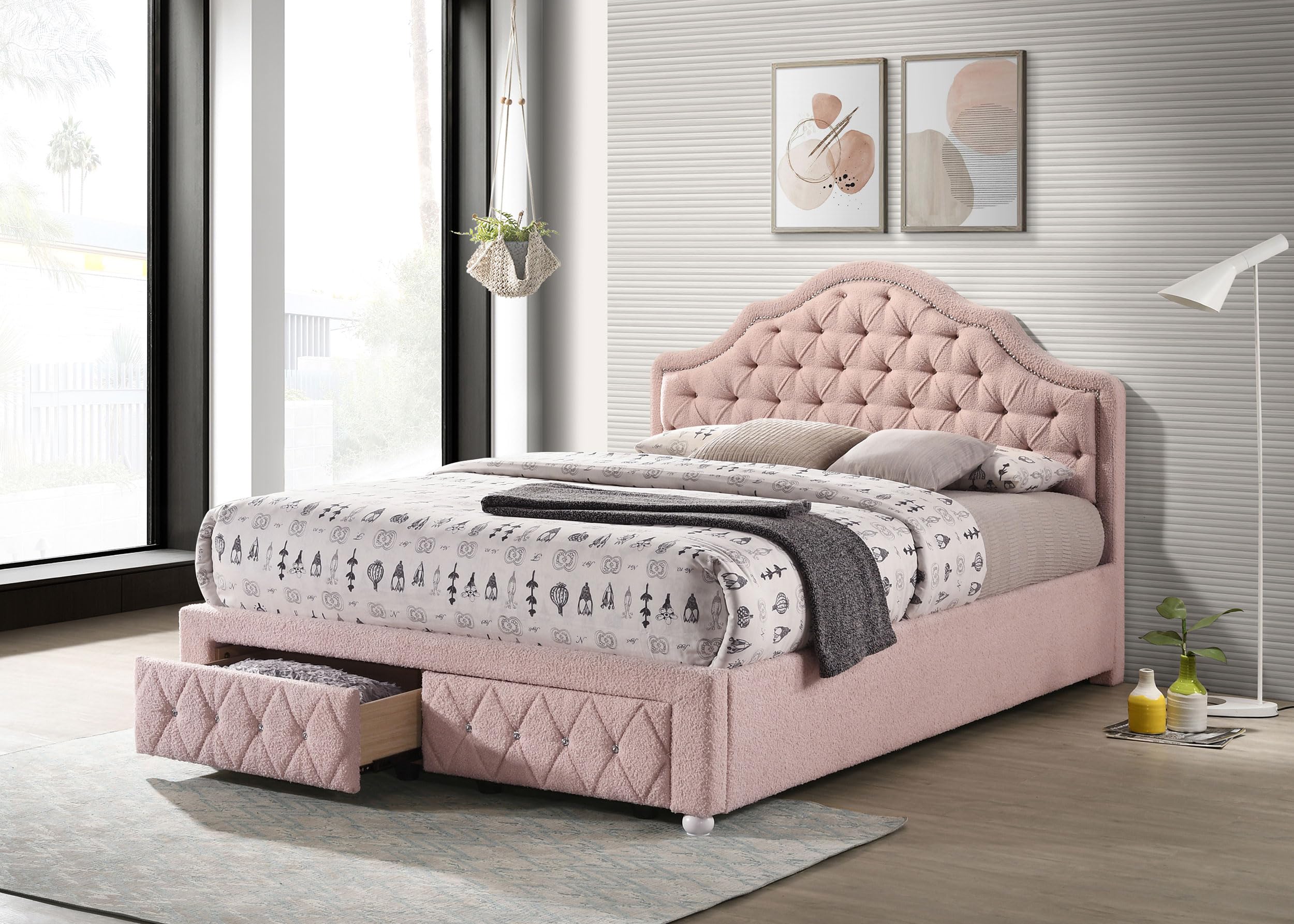 Coaster Home Furnishings Ashleigh Traditional Boucle Upholstered Full Size Storage Panel Bed Frame Platform Bed 44-inch Headboard Pink 460540F
