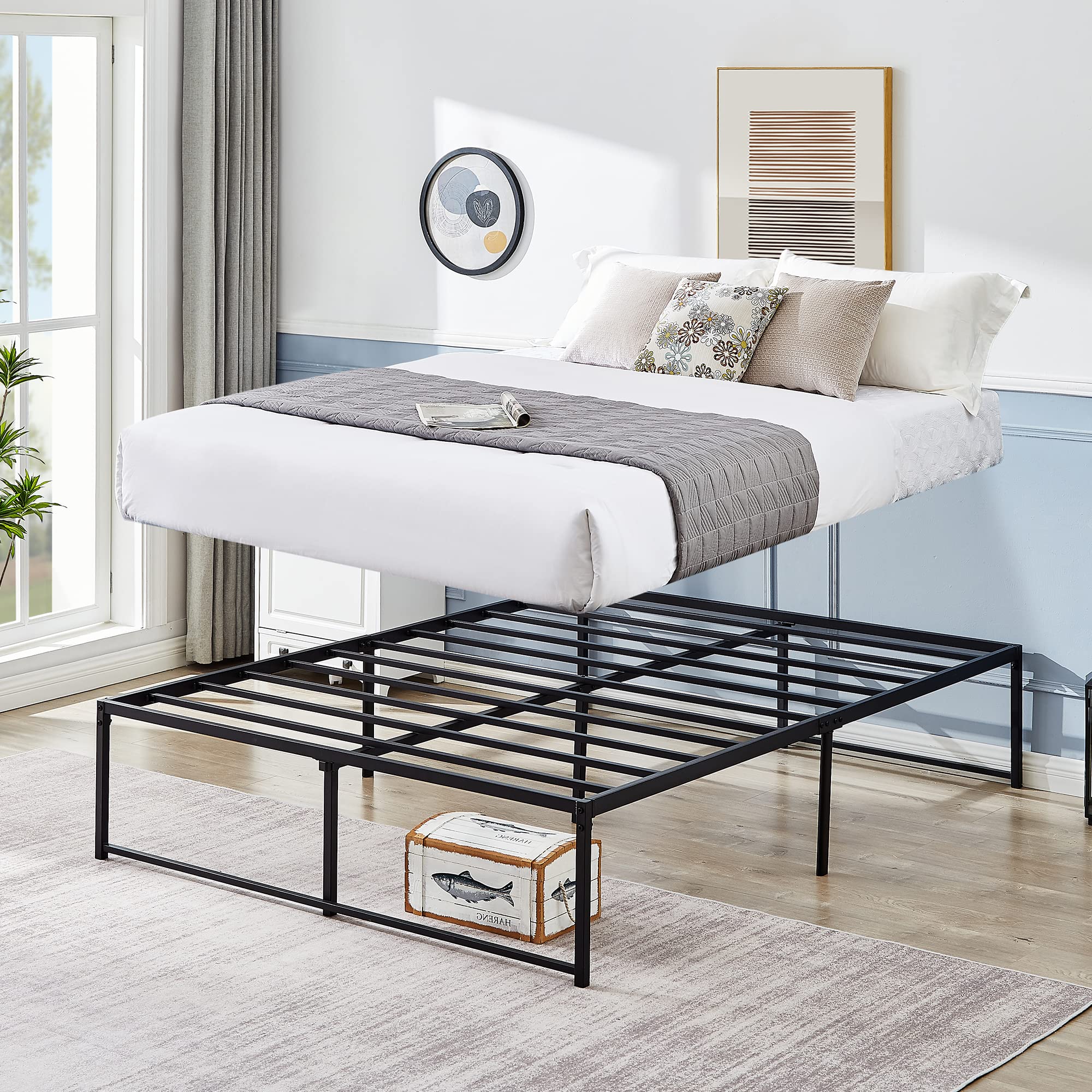 Vecelo 16' Metal Platform Tall Bed Frame,Mattress Foundation/No Box Spring Needed/Heavy Duty Steel Slat Support (Full Size)