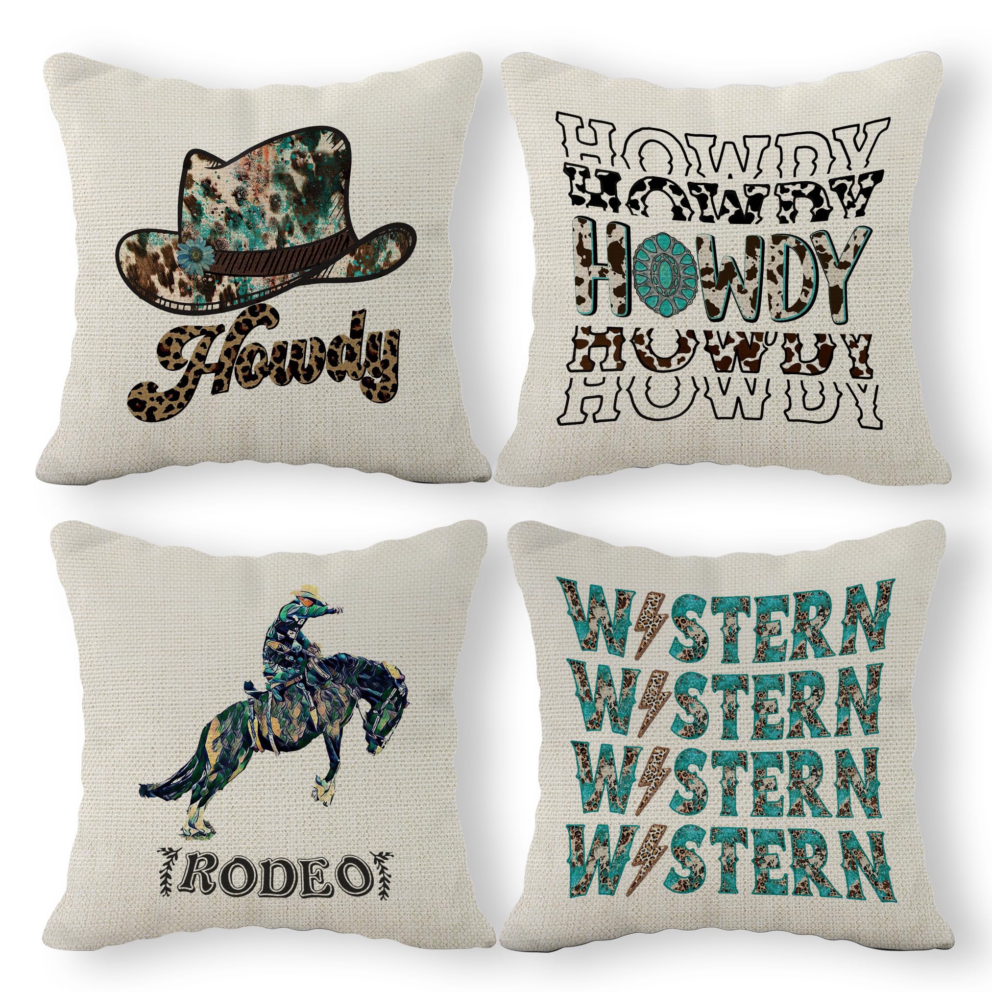 Retro Western Howdy Cowgirl Rodeo Leopard Turquoise Throw Pillow Covers, 18 X 18 Inch Set Of 4, Teen Girls Gifts, Cowgirl Gifts