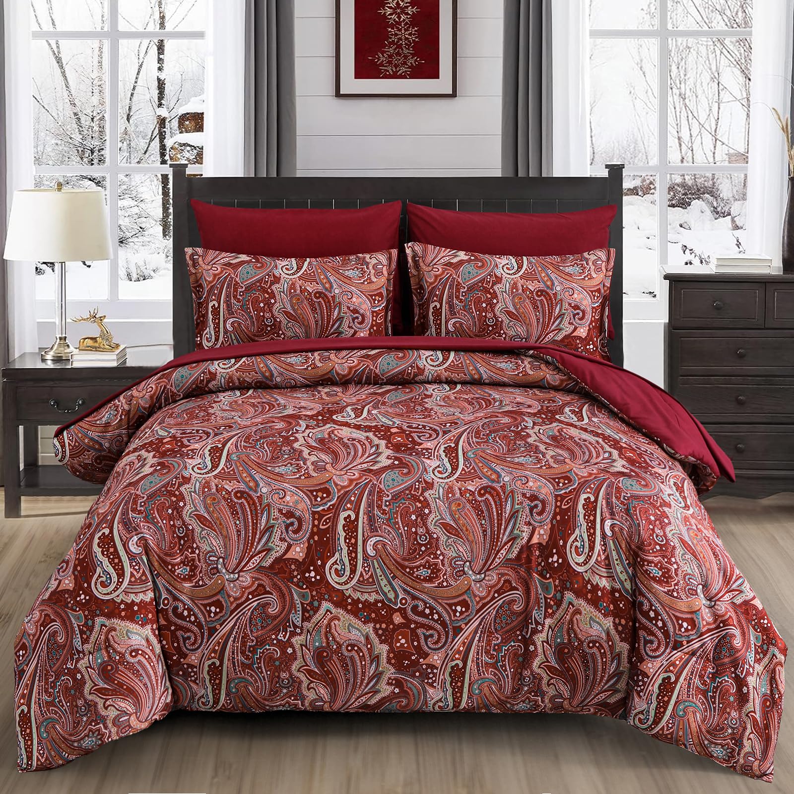 Djy Red Paisley Comforter Set King Size, 7 Piece Bed In A Bag Boho Paisley Pattern Comforter Set Soft Lightweight Microfiber Rev