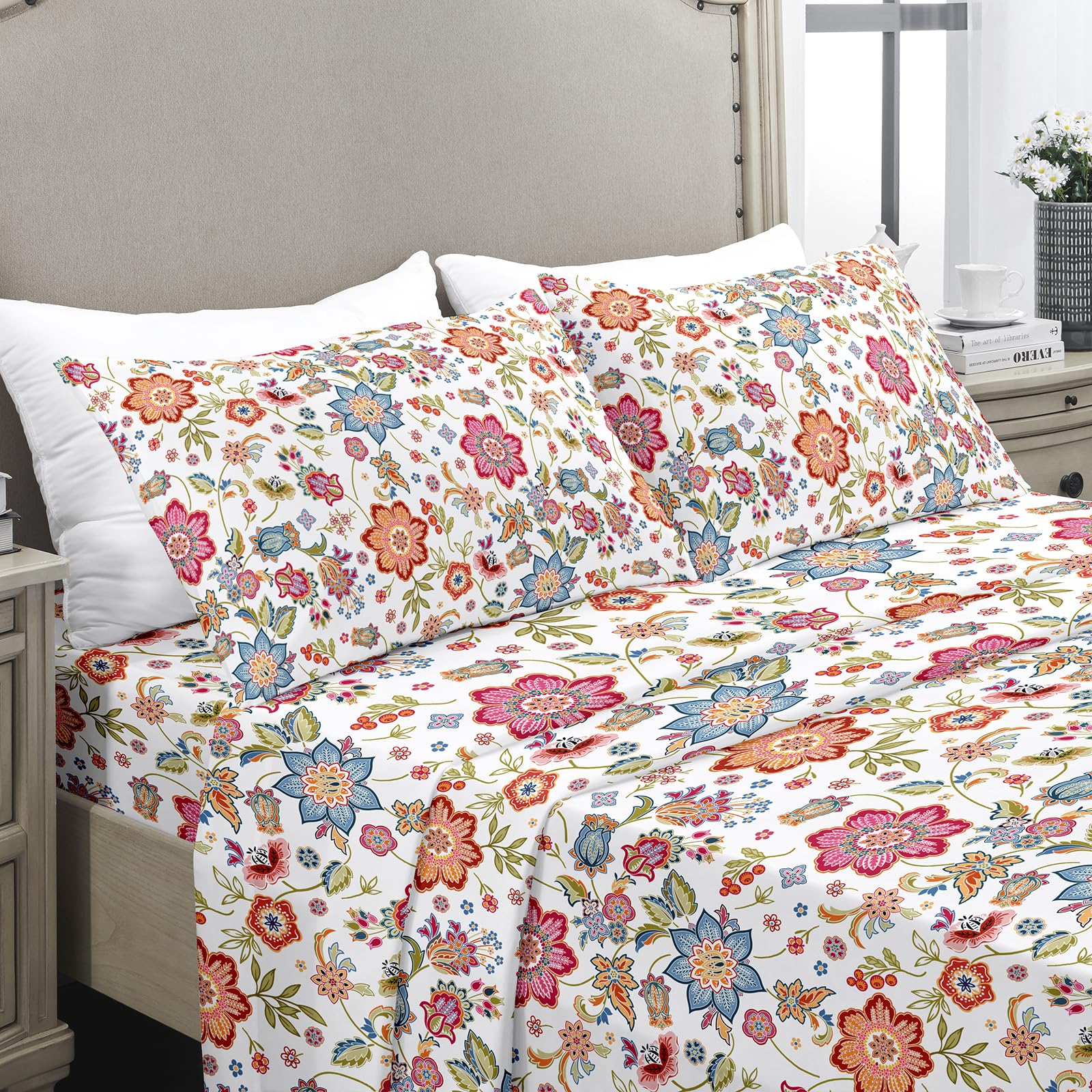 Yiyea Full Size Sheets - Floral Print - Luxury Brushed Microfiber Bed Sheets - Lightweight Breathable Cooling Full Sheet Set - 1